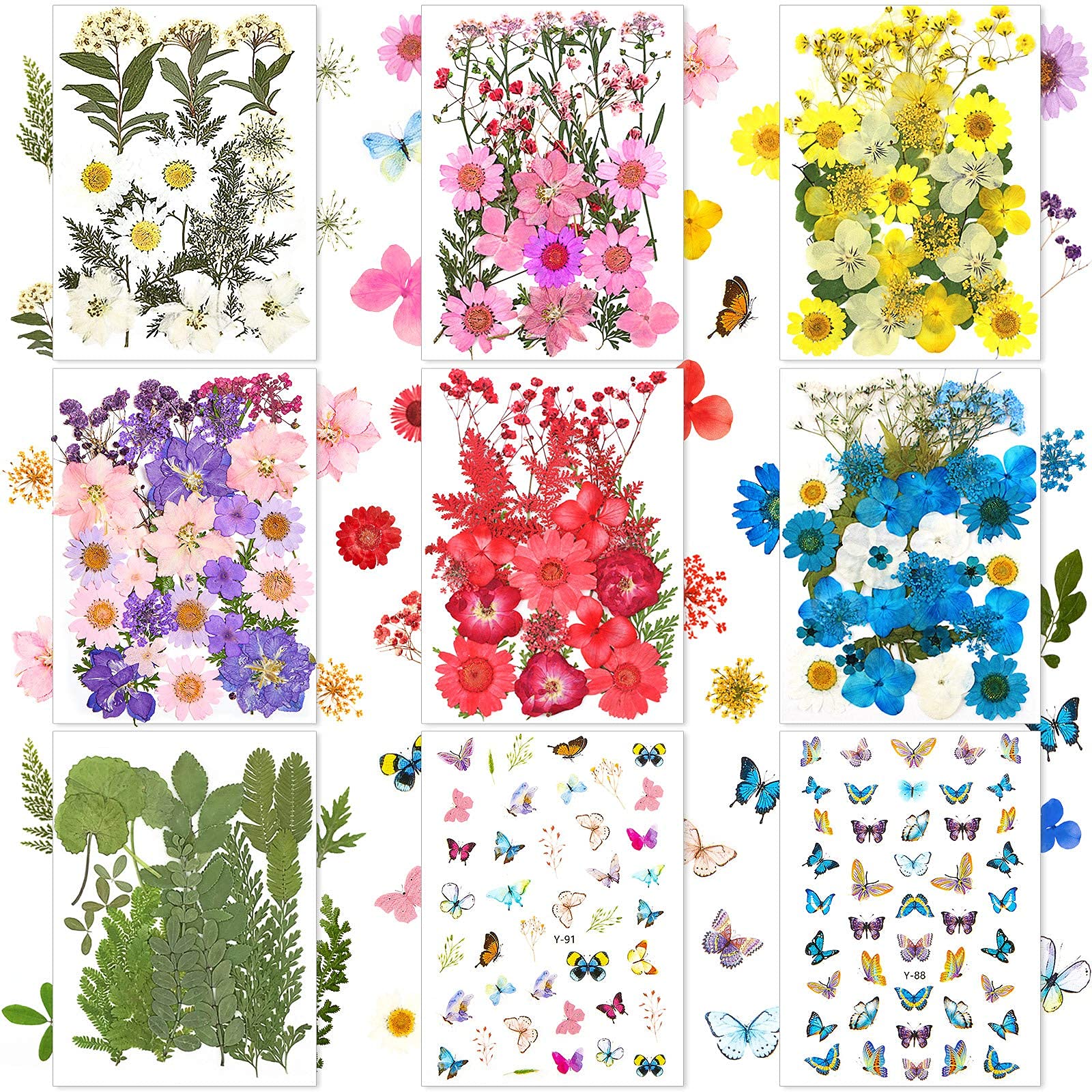 257 Pieces Resin Real Dried Pressed Flowers Leaves and Butterfly Stickers Set Multiple Natural Dry Flowers Daisies Butterfly Adhesive Decals for DIY Resin Jewelry Nail Pendant Art Floral Decors