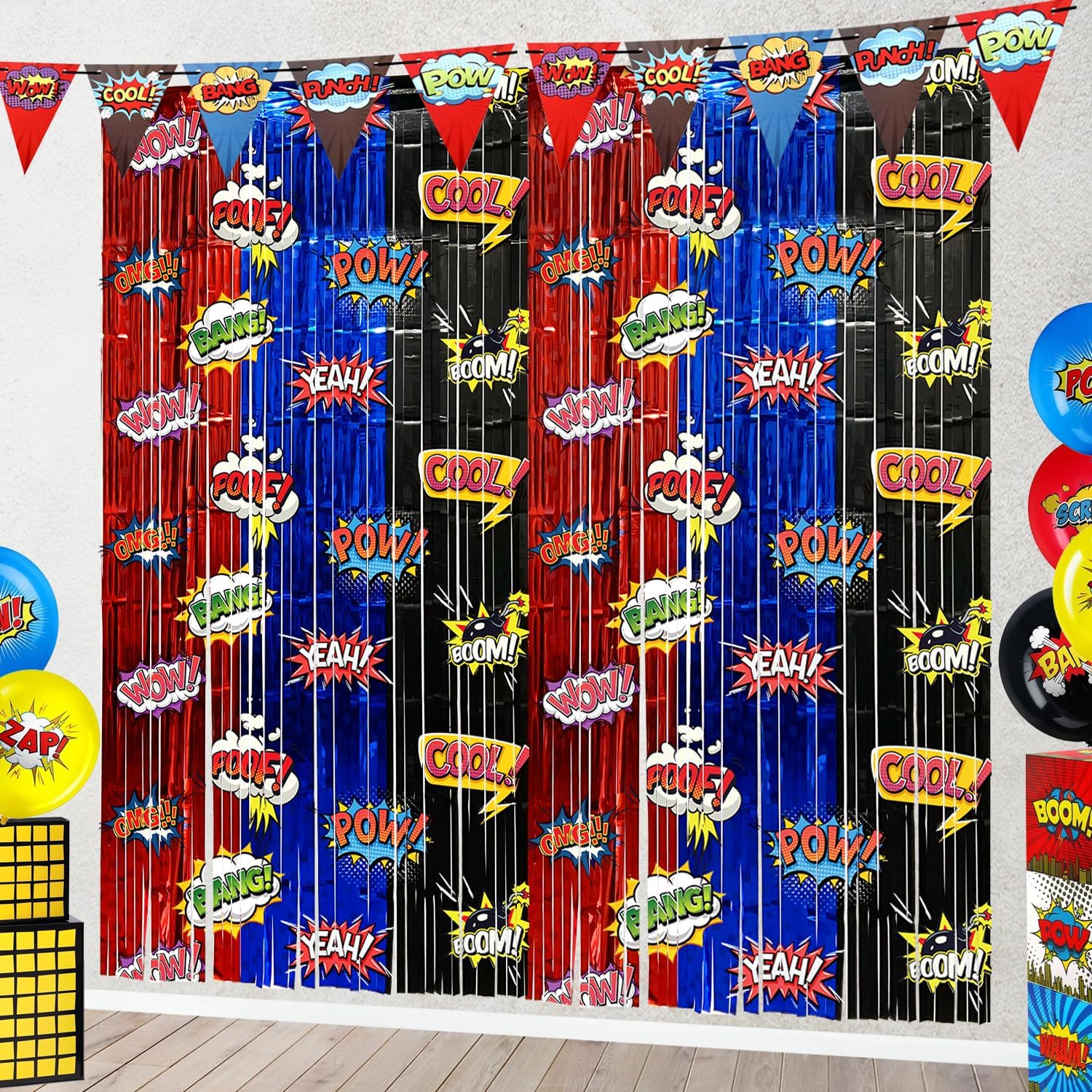Hero Foil Fringe Curtains Backdrop Birthday Party Decorations, 2 Pack 3.28 x 6.56 Ft Red Blue Black Foil Fringe Curtain Tinsel Streamer Photo Booth Props Hero Birthday Party Supplies Favors 78.7"W x 39.4"L (Pack of 2)