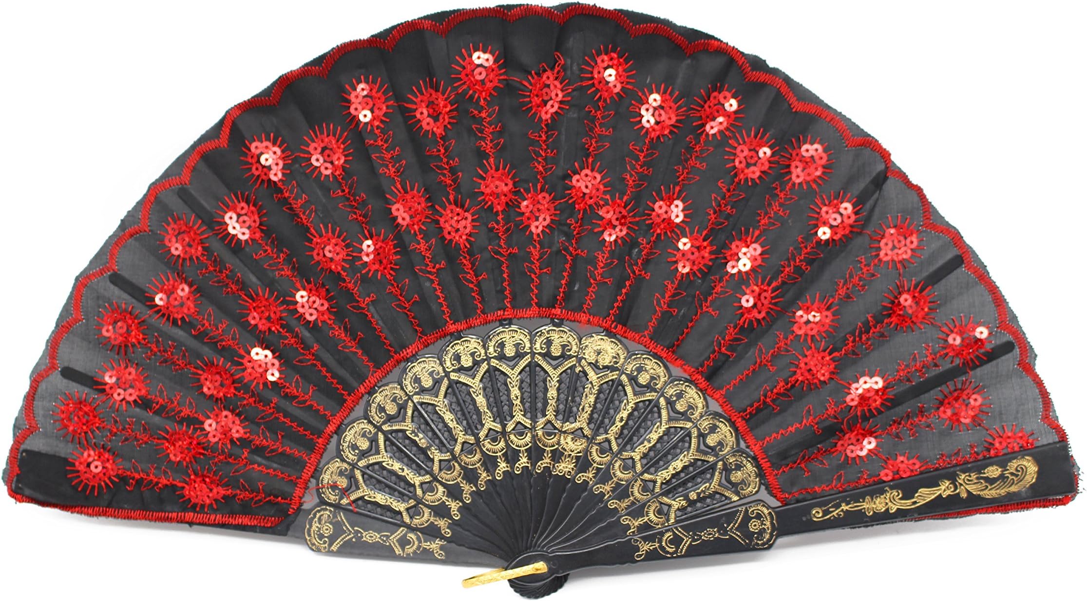 Radix Elegant Fabric Folding Hand Fan (Red/Black) - Snaps Open, Easy to Handle. Cools effortlessly. Perfect Ballet and Dance Fan.