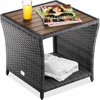 Casaria  Side Table Grey Weatherproof Small Wood Polyrattan Acacia 45 x 45 x 40 cm 80 kg Load Capacity Outdoor Table Garden Table Balcony Table Garden Furniture