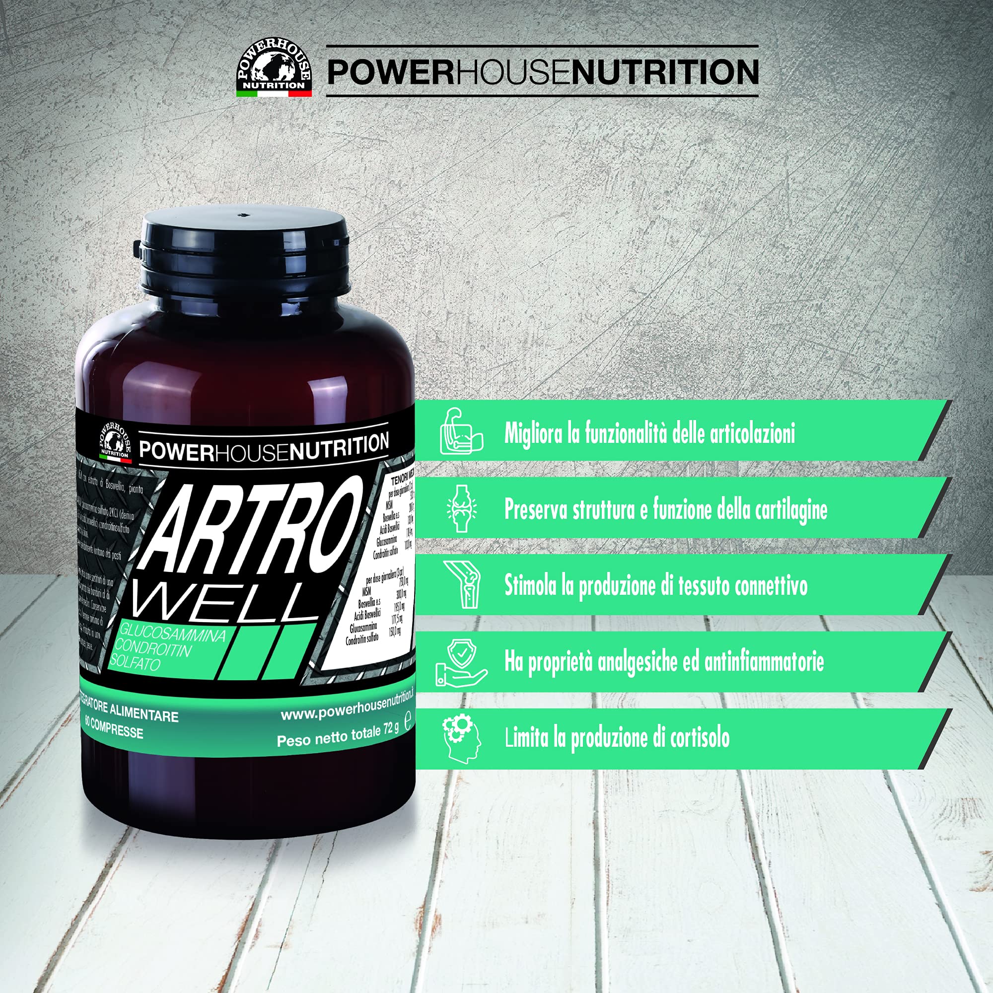 Glucosamina Condroitina MSM, Made in Italy, ARTROWELL Powerhouse Nutrition, Integratore Articolazioni & Cartilagine con Boswellia Serrata, Glucosamina Complex, Funzione Analgesica ed Antinfiammatoria