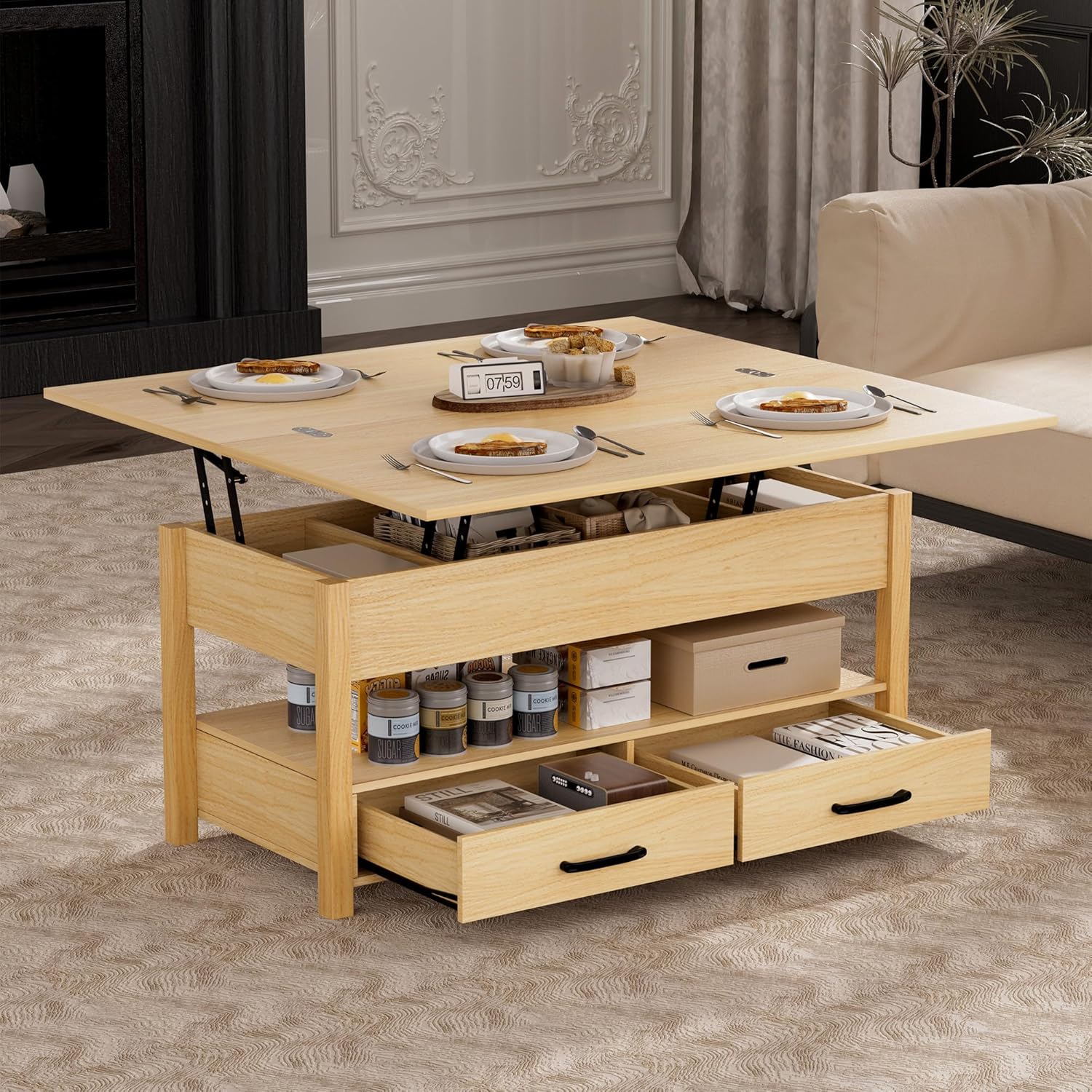 SYESWAY 42'' Lift Top Coffee Table, 4-in-1 Multifunctional Lift Coffee Table with Storage & Hidden Compartments, Farmhouse Coffe Table with Lifting top for Living Room, Dining Reception Room, Wood