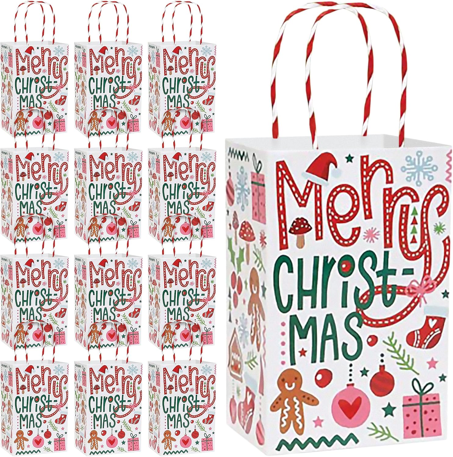 Christmas & Winter Snowy Pine Paper Gift Bags and Party Favor Bags, Small Size - 5.25 Inches x 3.5 Inches x 8.25 Inches (12 Pack)
