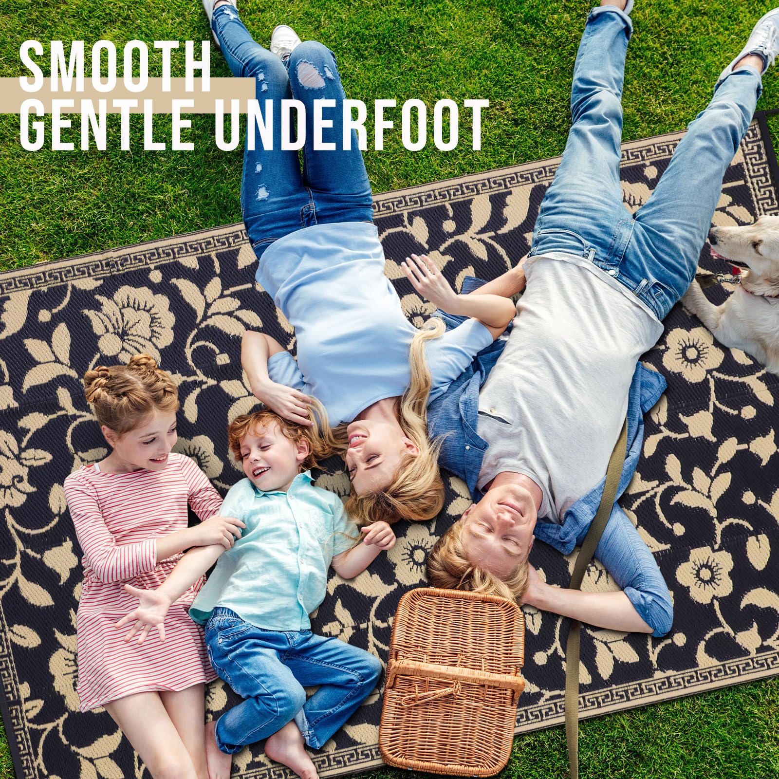 smiry Alfombra de jardín impermeable para exteriores, resistente a los rayos UV, alfombra reversible de paja de plástico para balcón, camping, picnic, patio trasero, 120 x 180 cm, negro y beige, flor
