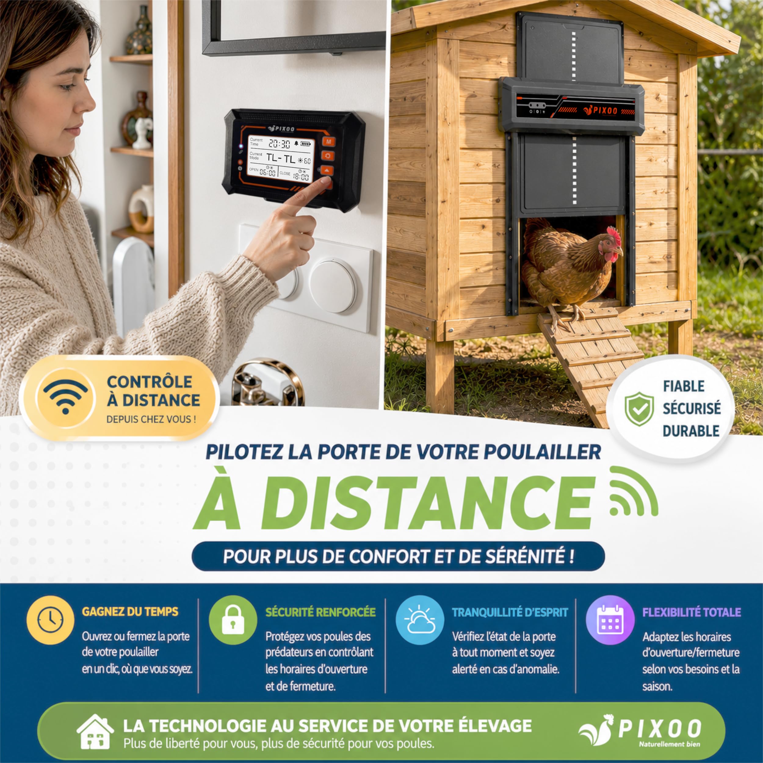 Porte Poulailler Automatique Solaire, Télécommande 120m, 4 Modes Timer/Luminosité, Anti-Pincement, Aluminium IP45, Batterie Rechargeable, 24x28cm
