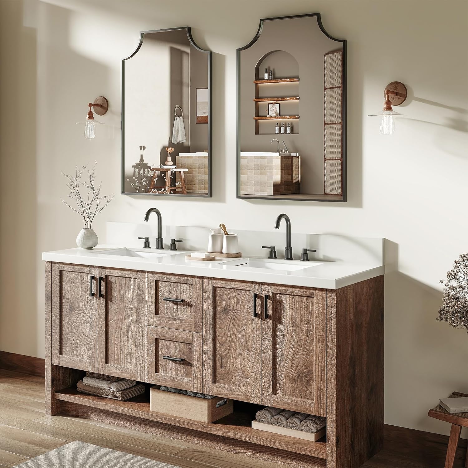 2-Pack Matte Black Mirrors for Bathroom Sink, 24"x36" Bathroom Vanity Mirrors for Over Sink, His & Hers Double Vanity, Transitional Decorative Arched Rectangular Frame Design