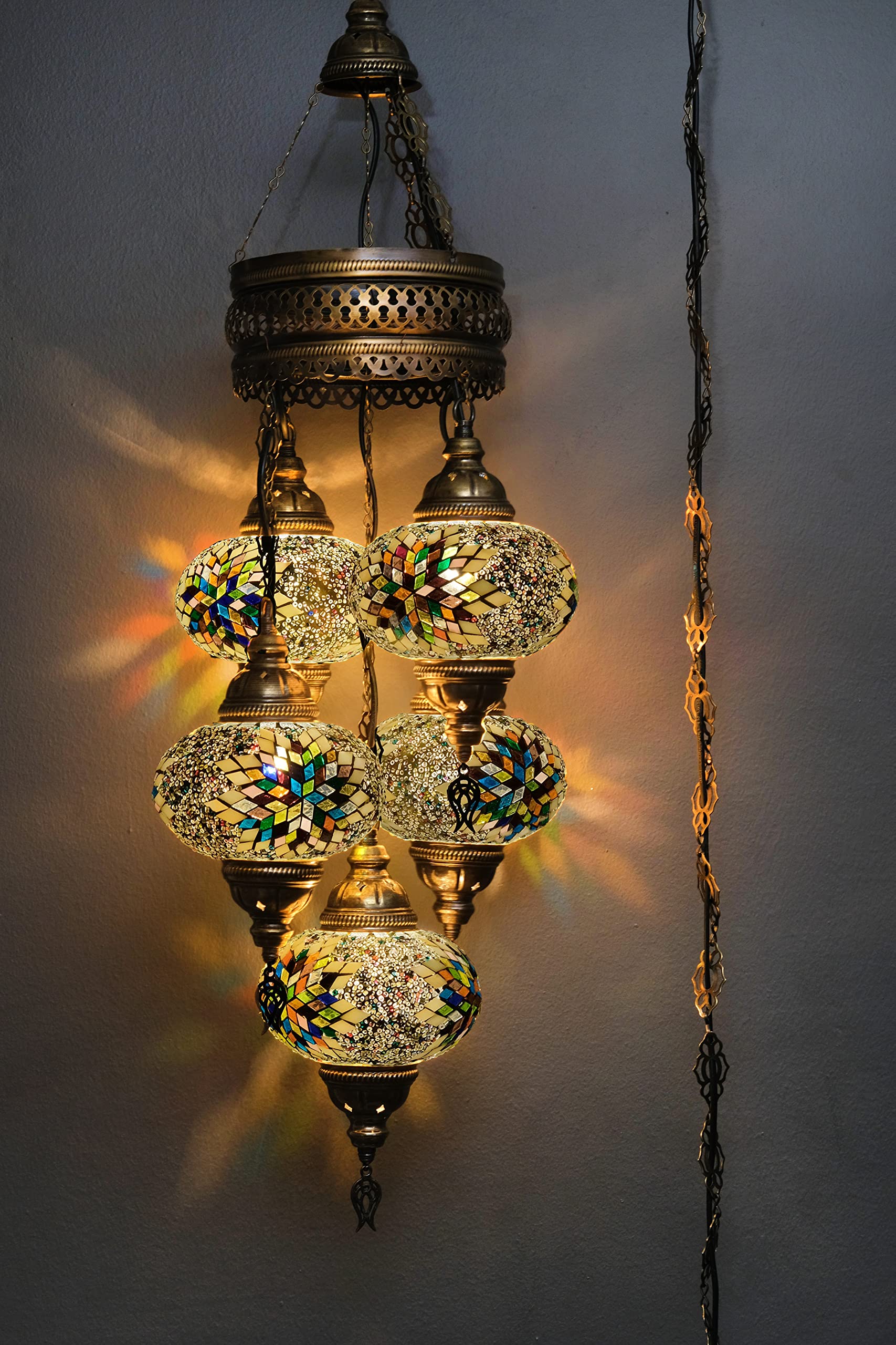 Asylove 5 Globe Turkish Pendant Ligting, Mosaic Turkish Moroccan Hanging Lamp, Ceiling Decorative Dining Lamp, 3 Feet Height 7 inch Globes (MixYellow)