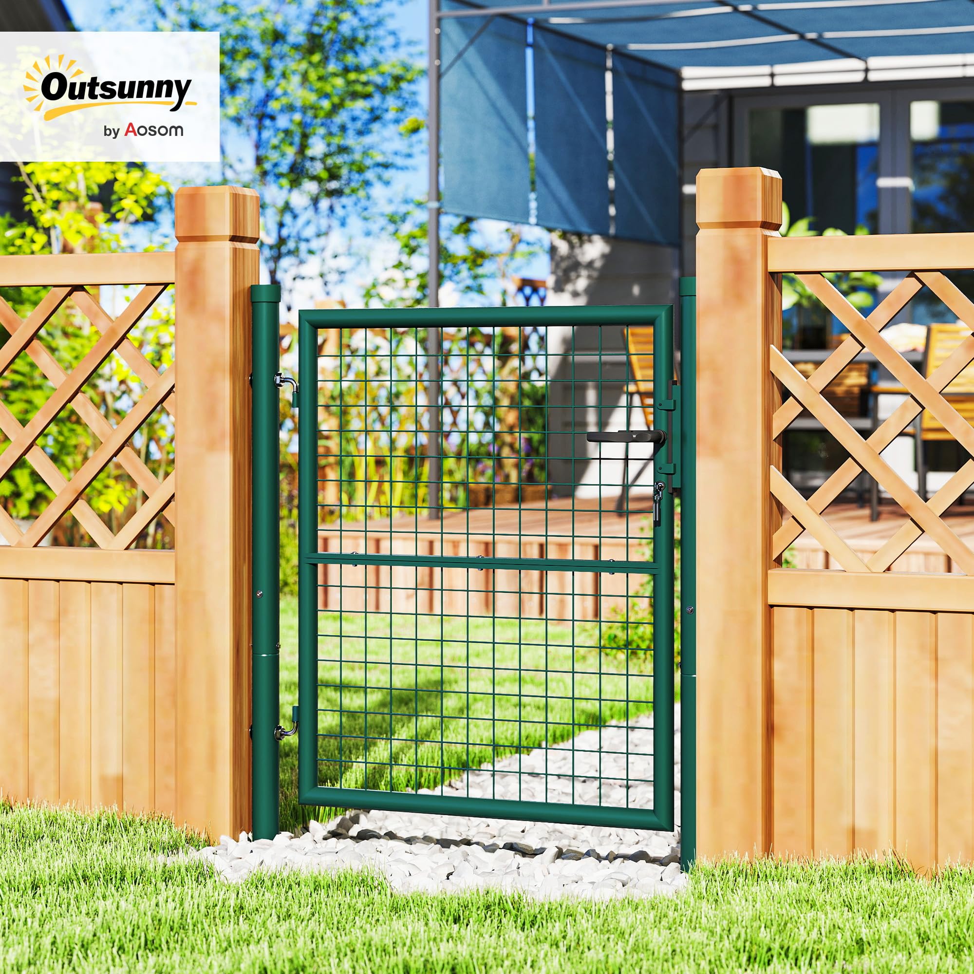 Outsunny Portillon de jardin en acier 97 x 150 cm portail de jardin avec serrure, clés et poignée, décoration en flèche, portillon de patio extérieur, vert
