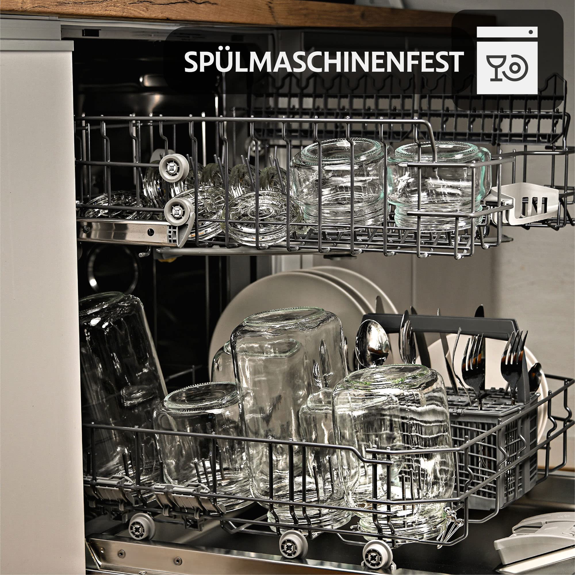 Praknu 8 Einmachgläser mit Bügelverschluss 1,5l - Mit Etiketten, Stift und extra Silikondichtungen - Platzsparend durch eckige Form - Spülmaschinenfest