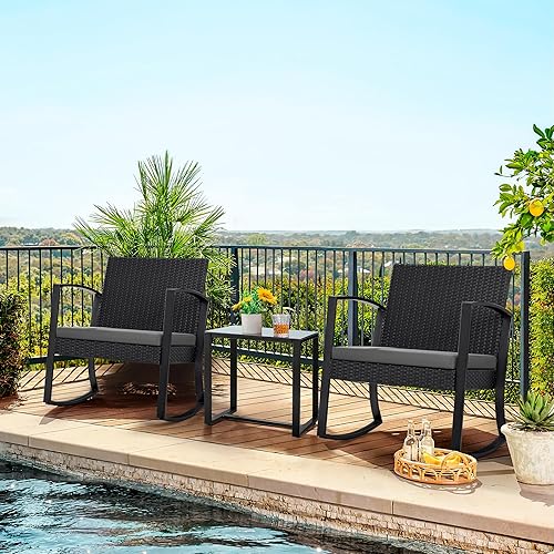 Miniatura 2 de JUMMICO Juego de 3 sillas mecedoras para patio al aire libre con mesa auxiliar y cojines para balcón, porche, bistró (gris)