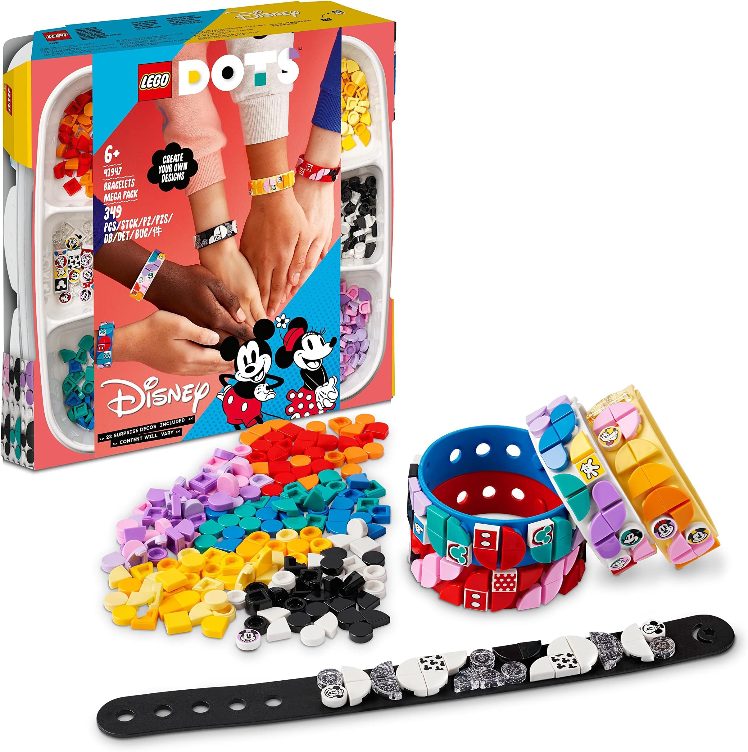 LEGO41947 DOTS Disney Mickey & Friends Bracelets Mega Pack 5in1 Crafts Set, DIY Toy Jewellery Making Kit for Kids, with Glitter and Minnie Mouse Tiles