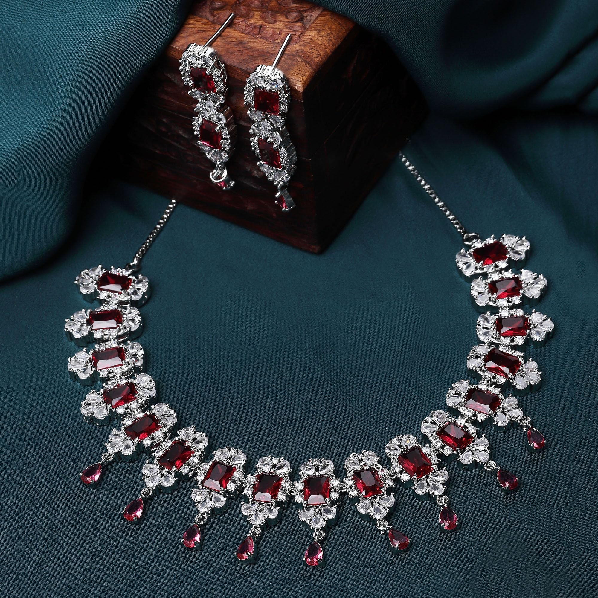 Rhodium Plated Square Shaped Silver Toned American Diamond Necklace Set