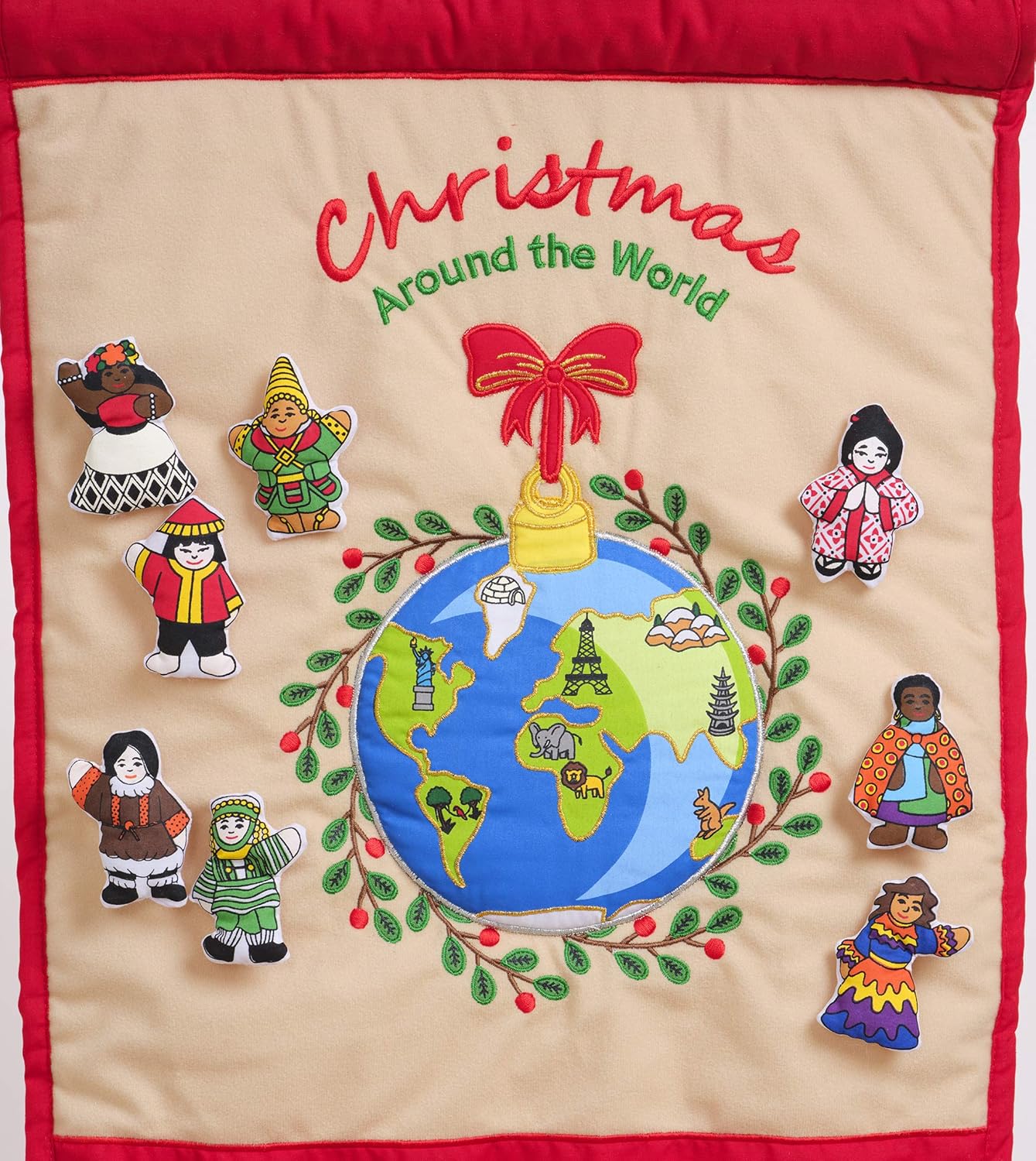 Christmas Around the World Advent Calendar by Pockets of Learning | Interactive Holiday Countdown with 25 Stuffed Ornaments | Seasonal Fabric Cloth Wall Hanging Décor w/Pockets