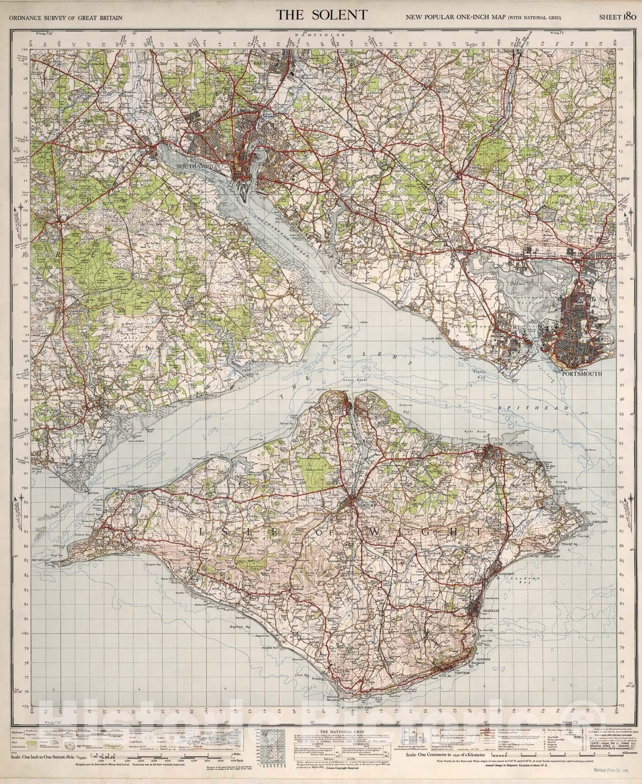 Historic Pictoric Map : Sheet 180. The Solent, 1945, Vintage Wall Art : 44in x 54in