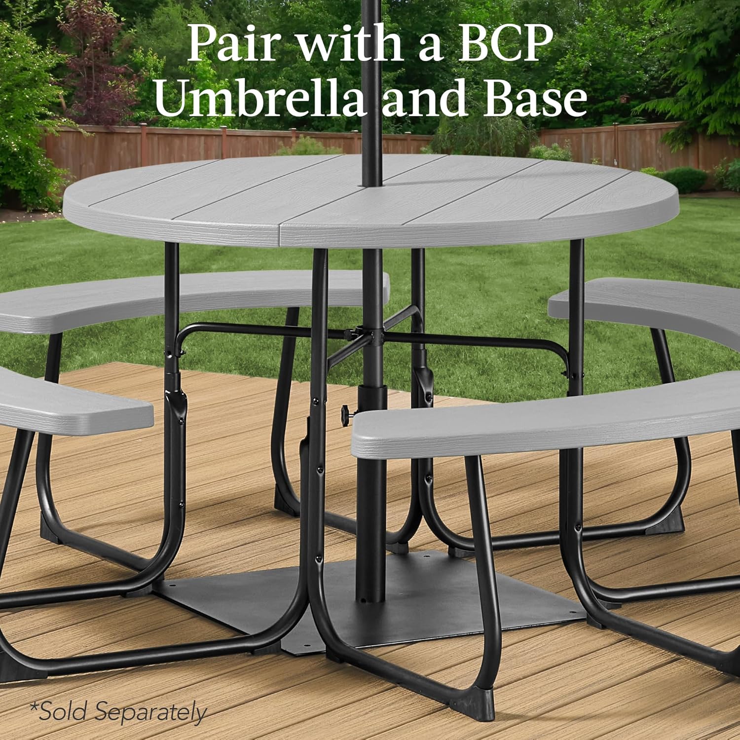 Best Choice Products 8-Person Outdoor Bench Patio Picnic Table, Circular w/ 4 Built-in Benches and Umbrella Hole, 2000lb Capacity - Light Gray