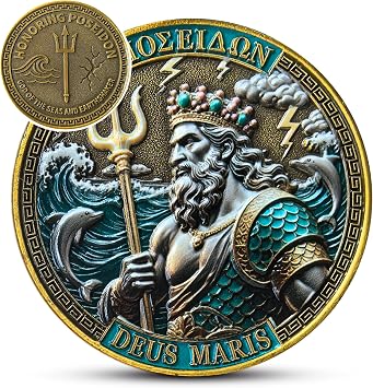 Poseidon Challenge Coin, Greek Mythology Token with Protective Case, Sea God Gift for Inspiration, Strength and Courage