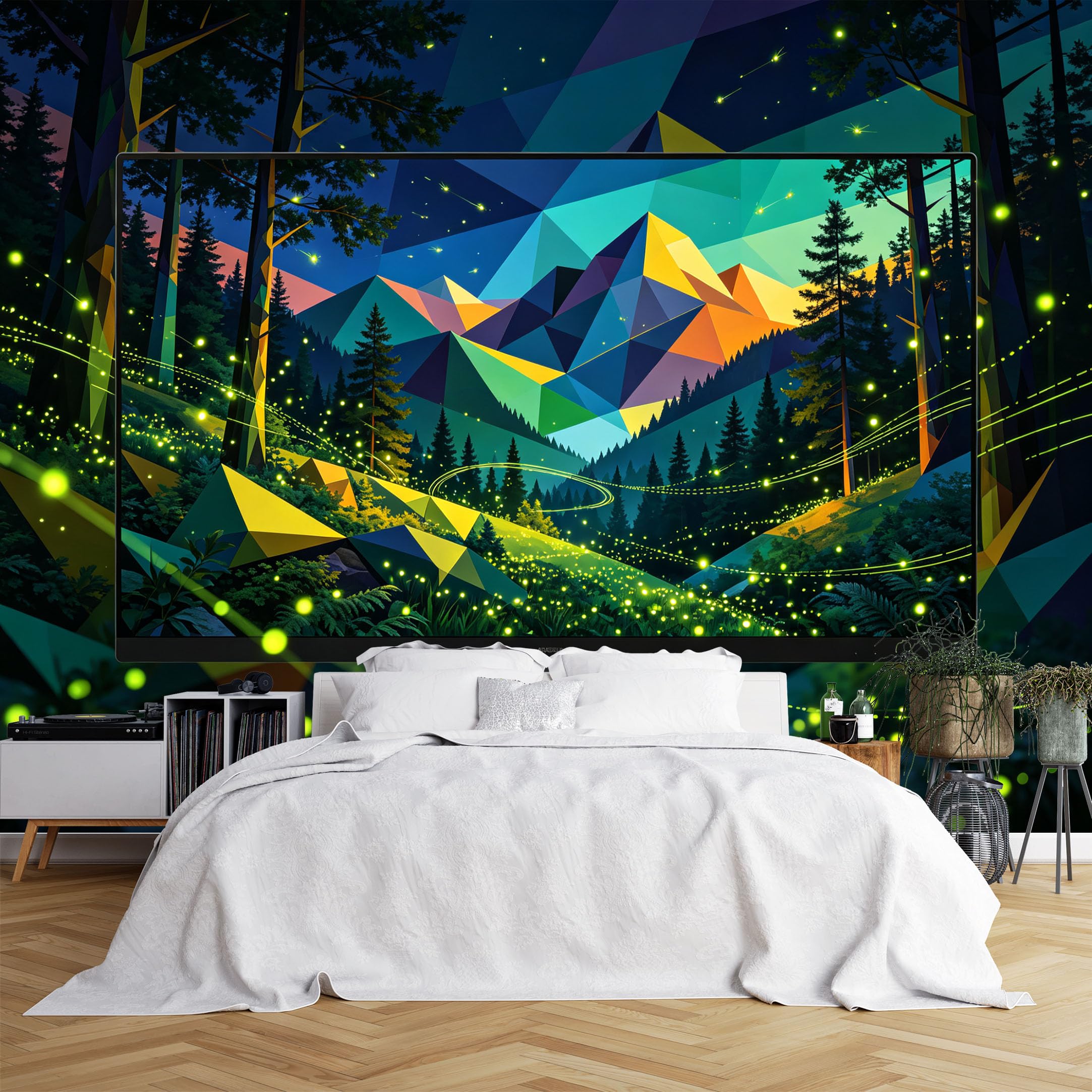 Lcythiazole Ch260615248 Custom Size Wall Murals Low Poly Mountain Forest Firefly Monitor Art Hd Wall Covering Fabric Self-Adhesive Wall Fabric (No Pvc) Removable Wallpaper For Office