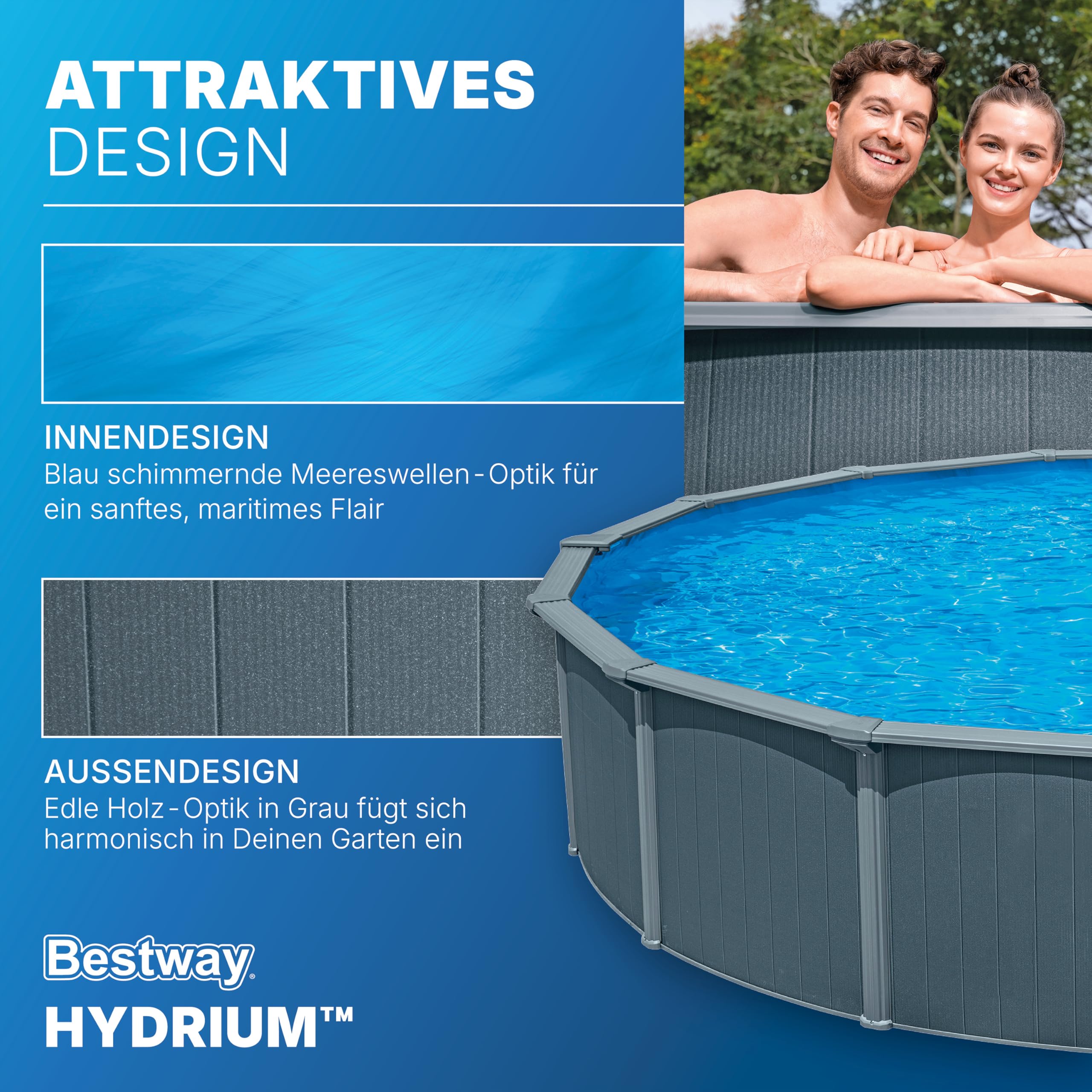 Bestway Hydrium Stahlwandpool Komplett-Set rund 732 x 132 cm Holz-Optik Grau XXL Gartenpool mit Sandfilteranlage