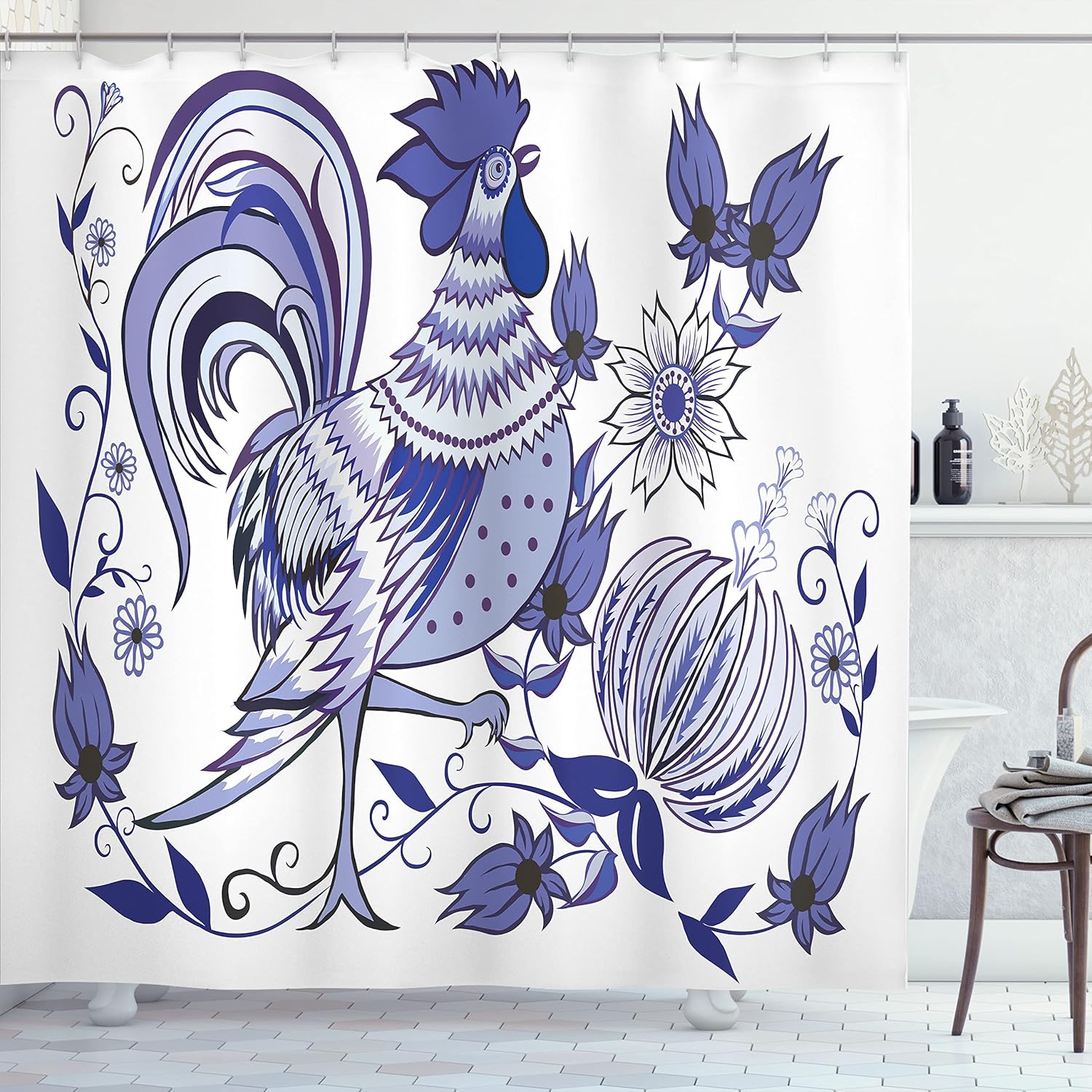 Ambesonne Gallus Shower Curtain, a Floral Pattern with Flowers and Birds of Feathers and Wings Leaf Ornament Folk Art of The Design, Cloth Fabric Bathroom Decor Set with Hooks, 75" Long, Blue White