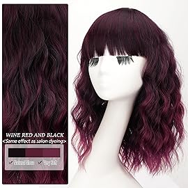 Nnzes Short Wavy Bob Wig with Bangs for Women Shoulder Length Curly Wine Red and Black Synthetic Heat-Resistant Fiber Hair for Daily & Party Use
