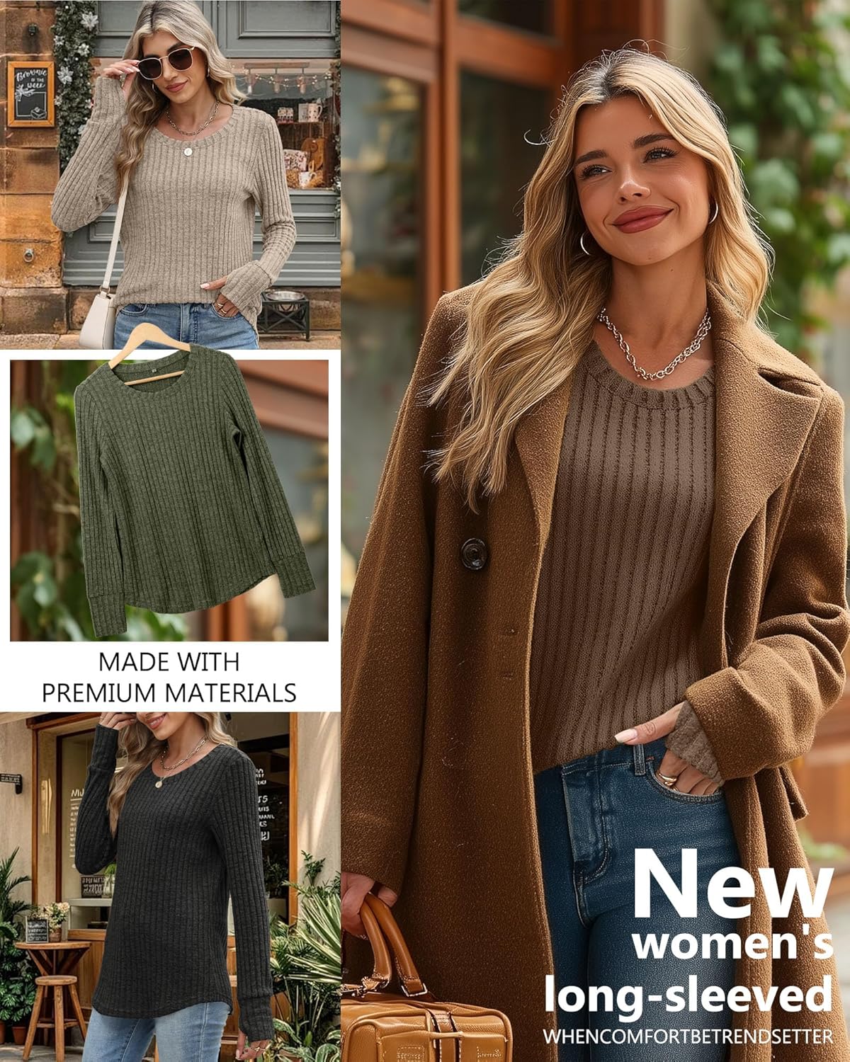 4 Pack Women's Long Sleeve Sweaters with Thumb Holes Crew Neck Tunic Tops Fall Loose Fit Shirts Ribbed Curved Hem - Image 3