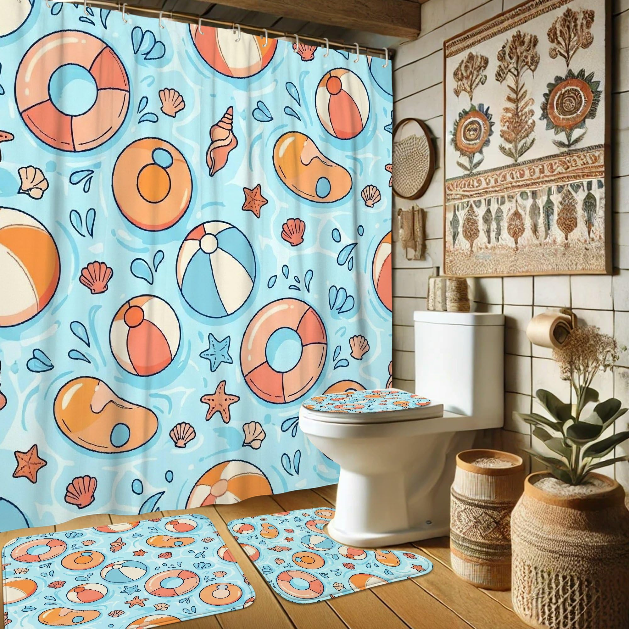 Rideau de douche lavable 183x183 cm avec étoile de mer et motifs bleus de plage