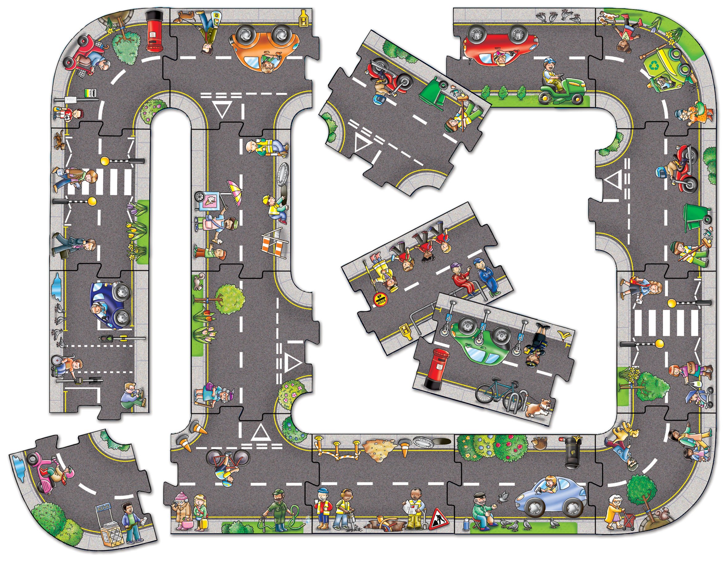 Orchard Toys Giant Road Jigsaw Puzzle, Car Track on a Large Floor Puzzle, Car Play Mat, Make Your Own Road Tape for Toy Cars, City, Construction, Educational Toys for Kids and Toddlers Age 3+