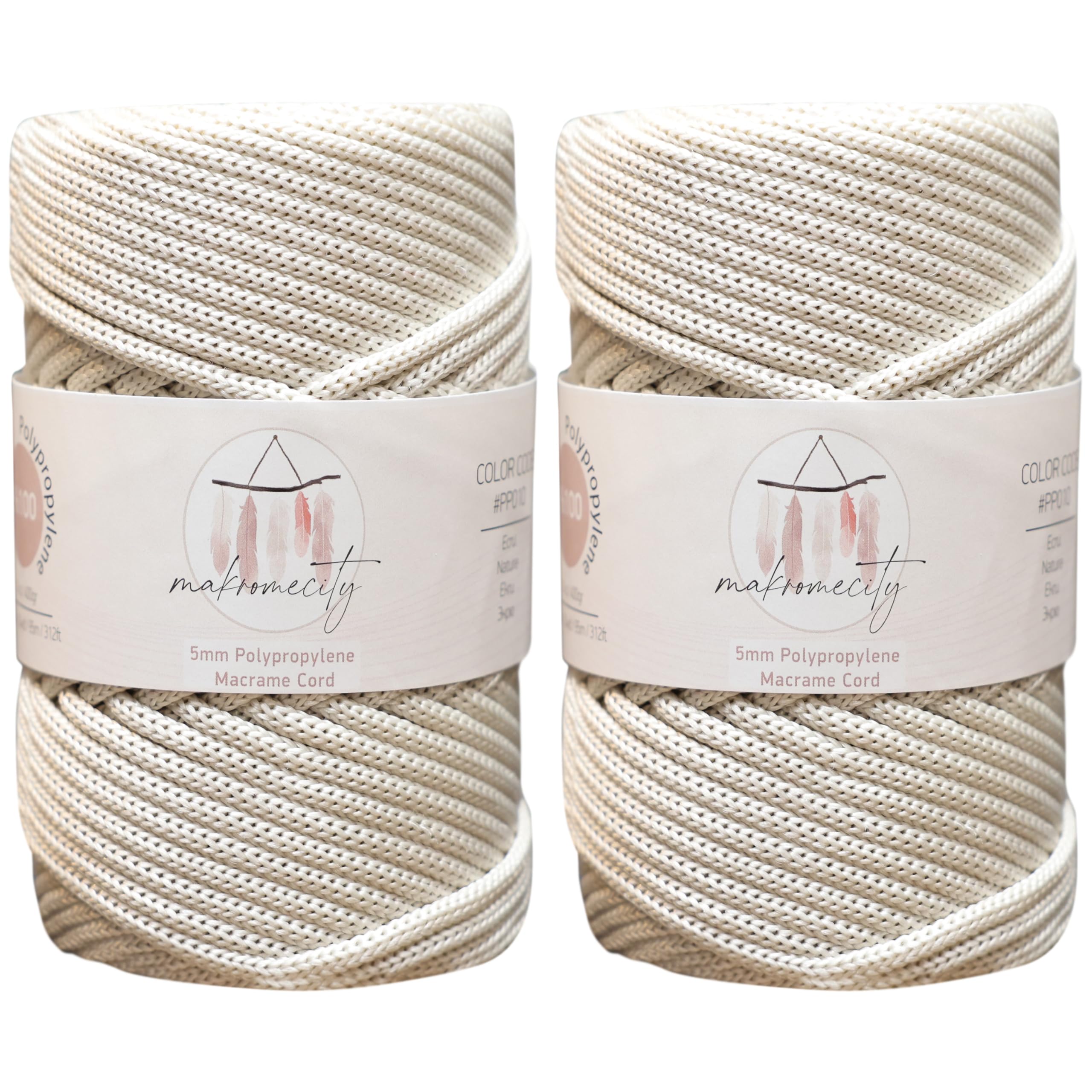 Makromecity - 2 madejas de cordón de poliéster para macramé, 5 mm x 95 m, cordón de polipropileno para macramé, color crudo, para adornos de pared, bolsos, bajoplatos, alfombra
