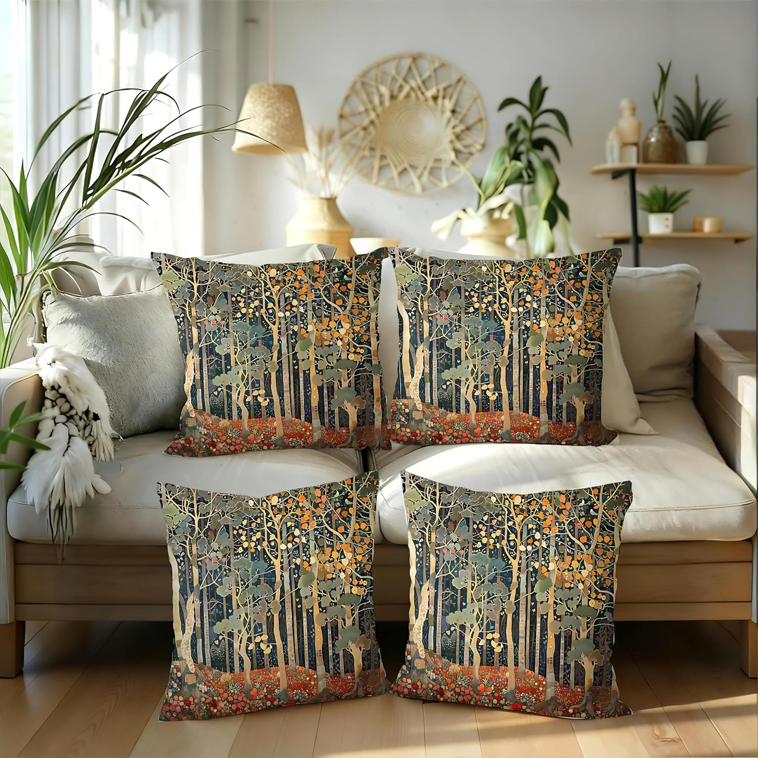 Rustic William Morris Inspired Autumn Forest Decor Pillow Covers 18x18 Set of 4,Fall Home Room Decor, Vintage Botanical Nature Decorative Throw Pillow Covers for Home Bedroom Living Room