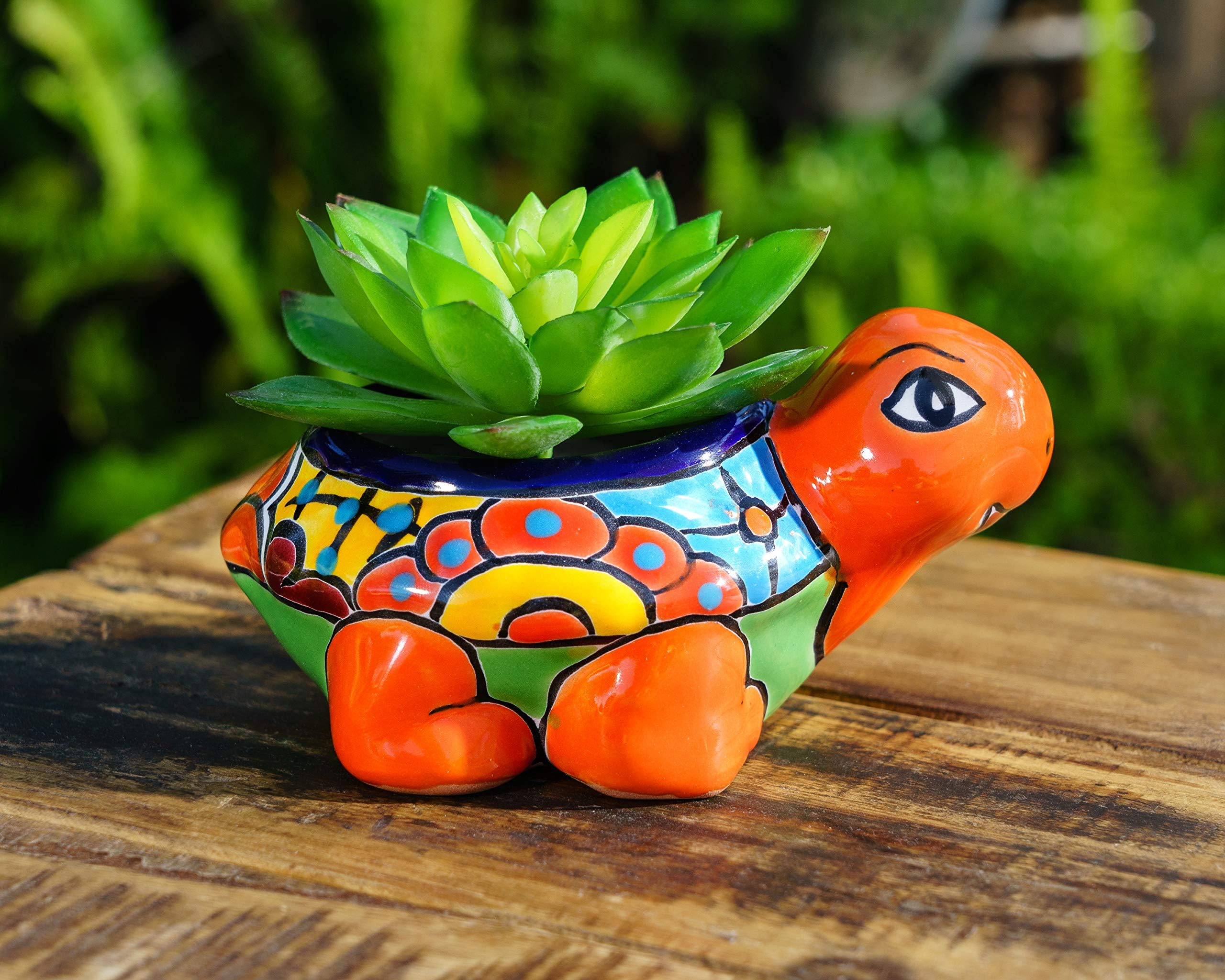 Enchanted Talavera Pottery Ceramic Turtle Succulent Planter Small Pot for Plants with Drainage Cactus Plant Pots Drip Dish Faux Plants Flower Vase Gift for Gardener (Orange)