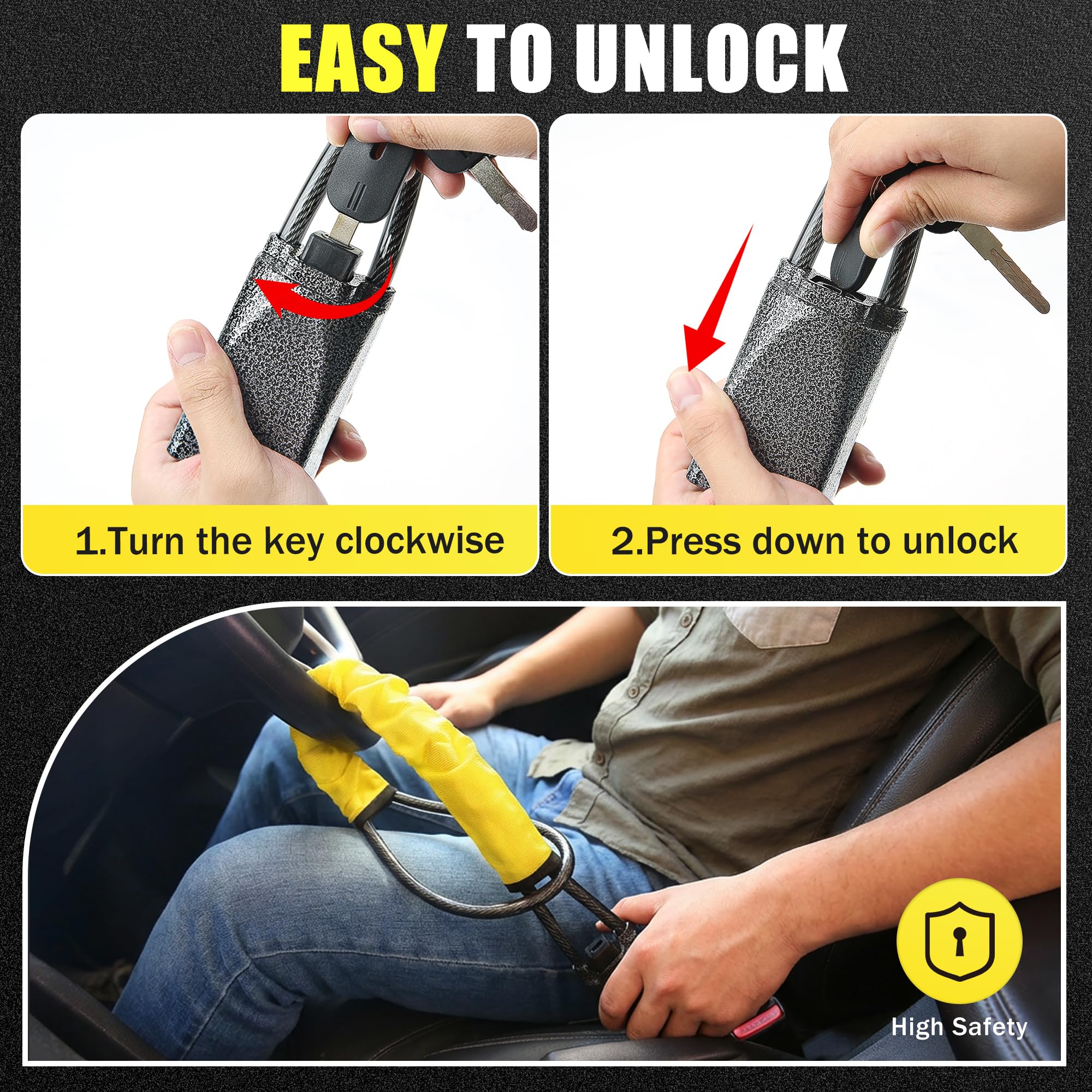 Steering Wheel Lock, Car Steering Wheel Locks, Car Seat Belt Lock with Metal Head, High Visibility Car Lock Anti-Theft Device for Car, SUV, Pickup, Van, RV, 3 Keys (Yellow) - 4