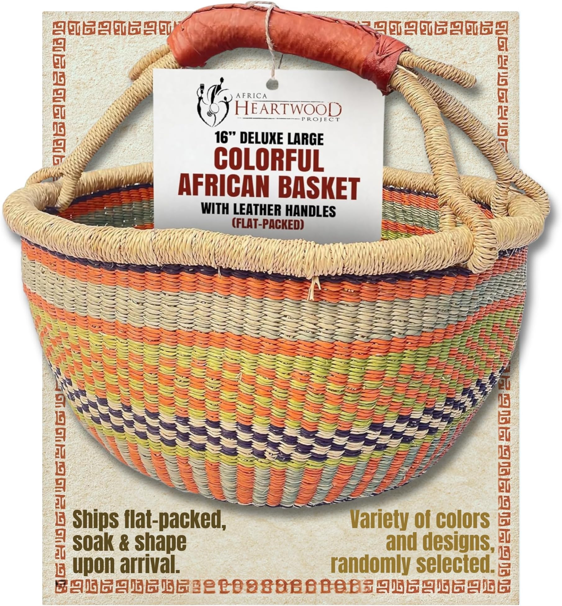 Deluxe Colorful African Basket with Leather Handles - Handmade from dried Elephant Grass, Hand-Woven by Women in Bolgatanga, Ghana - Large 16" Round Flat-packed