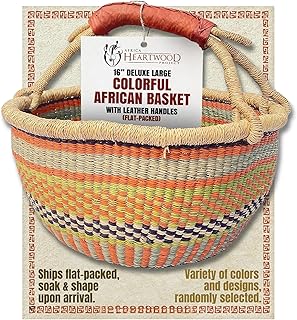 Africa Heartwood Project Deluxe Colorful African Basket with Leather Handles - Handmade from dried Elephant Grass, Hand-Woven by Women in Bolgatanga, Ghana - Large 16" Round Flat-packed
