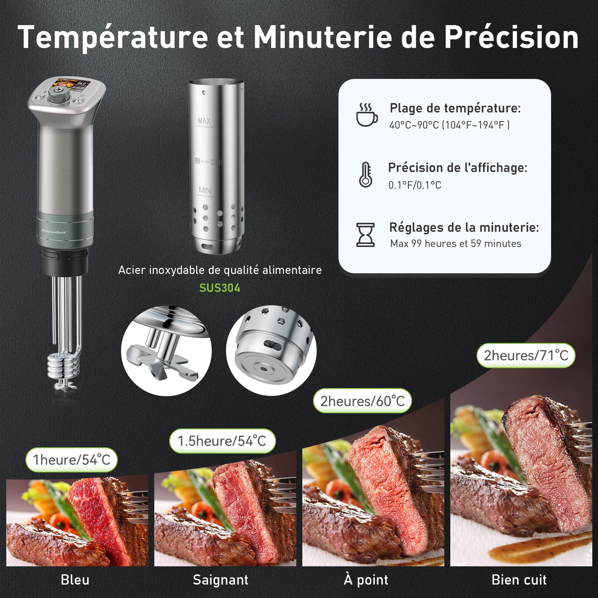 KitchenBoss Thermoplongeur Cuiseur Sous Vide WIFI：Cuisson Sous vide APP Contrôle, Calculateur d'Immersion de Cuisinière, 40℃-90℃ Contrôle Précis de la Température, TFT, IPX7, 1100