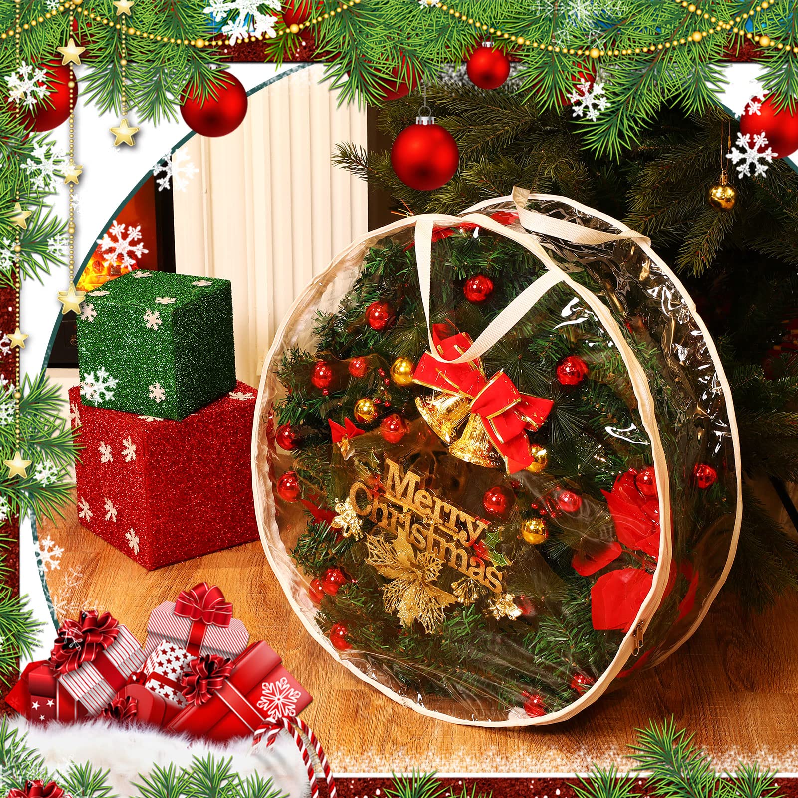 Shappy 4 Pezzi Contenitore per Ghirlande Natalizie Borse Trasparenti per Ghirlande da 30 Pollici Borsa Custodia per Corona in Plastica con Doppie Cerniere e Manici per Natale Ringraziamento