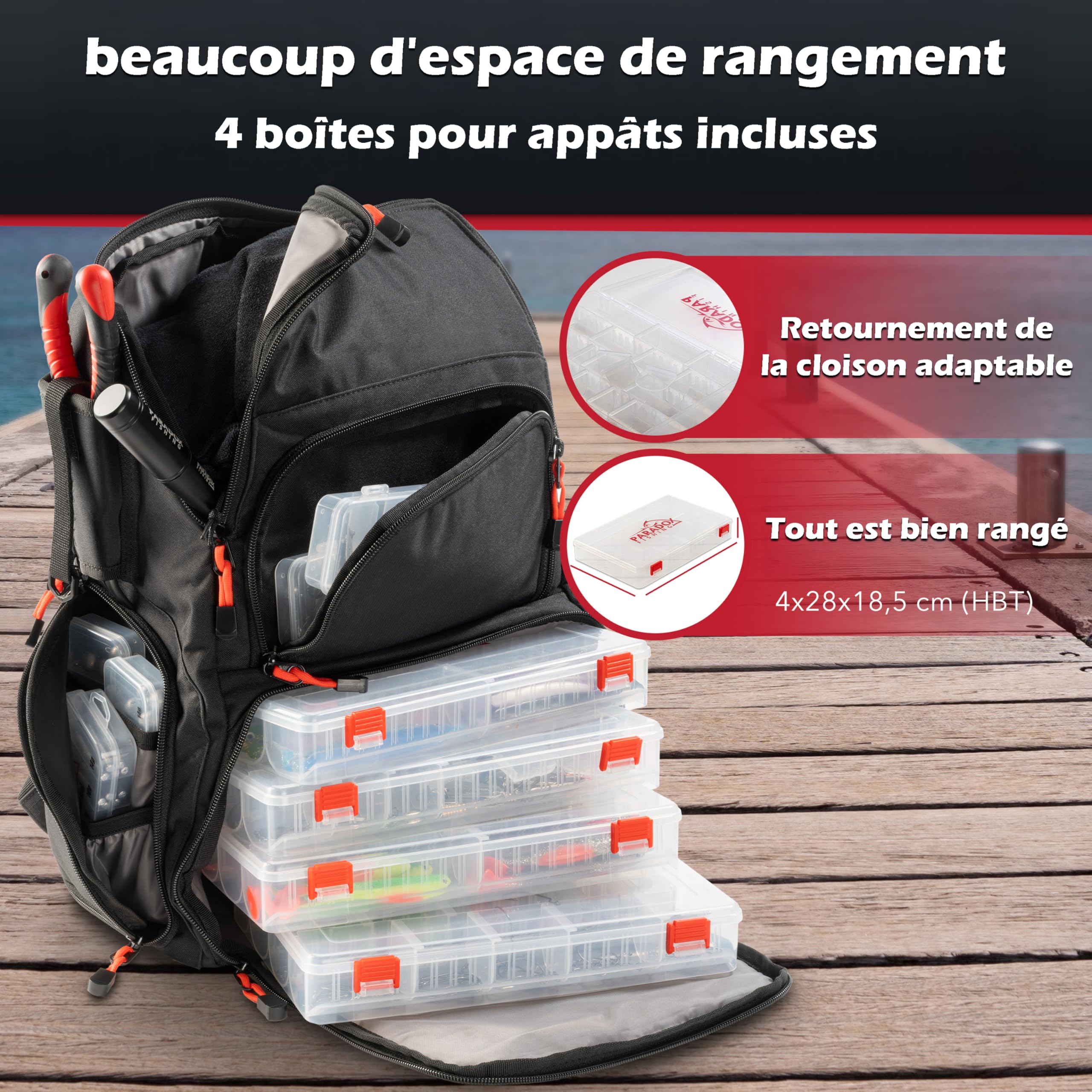 Paradox Fishing Sac à Dos de pêche avec 4 boîtes I Sac a Dos Peche I Sac de Peche - Fond étanche