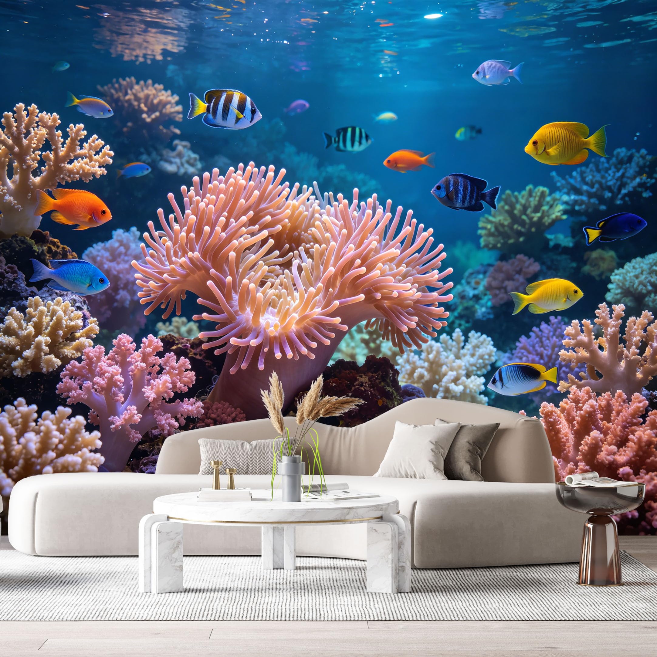 Custom Size Wall Murals Vibrant Ocean Marine Tropical Reef Colorful Exotic Fish Underwater World SelfAdhesiveWall Fabric Removable Wallpaper Wall Decor for Living Room Bedroom Bathroom