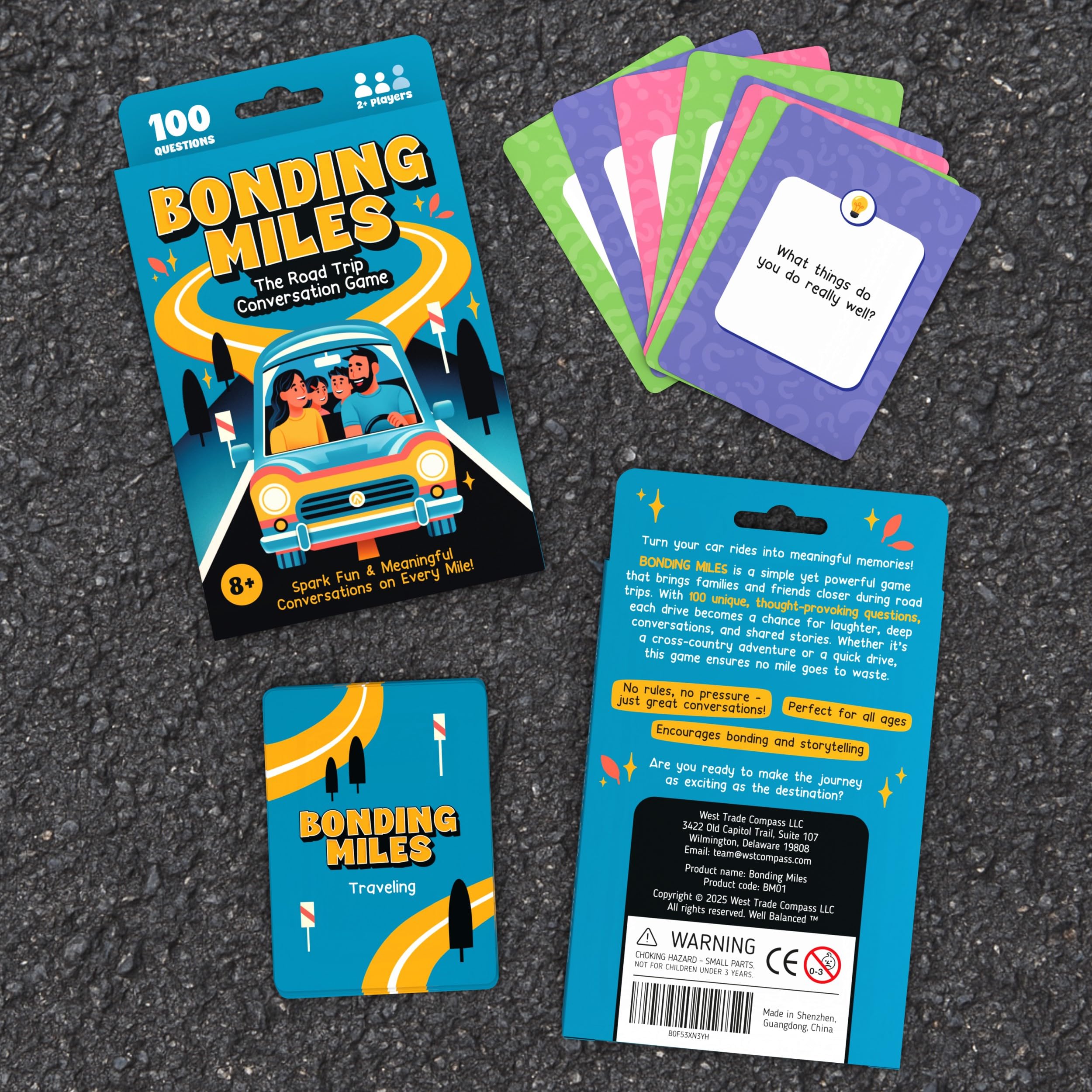 WELL BALANCED Bonding Miles - Juego de cartas de conversación de viaje por carretera para niños, adolescentes y adultos, juego de coche, artículos esenciales de viaje