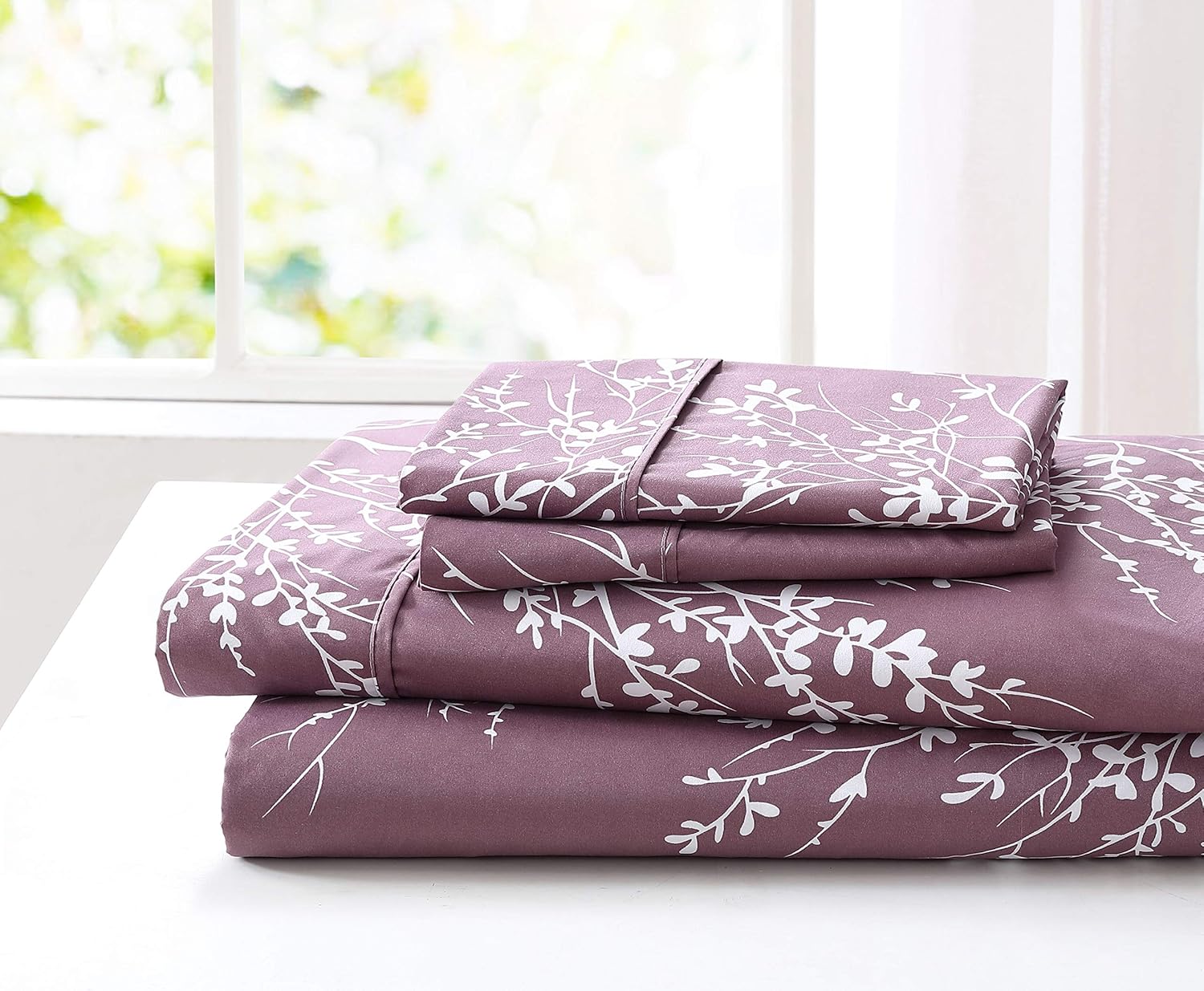 SL Spirit Linen Home EST. 1988 Bed Sheets Set - Beautiful Foliage Design Bedding, Soft Microfiber Sheet with Fitted Sheet and Pillowcases (Queen, Purple/White) : Home & Kitchen