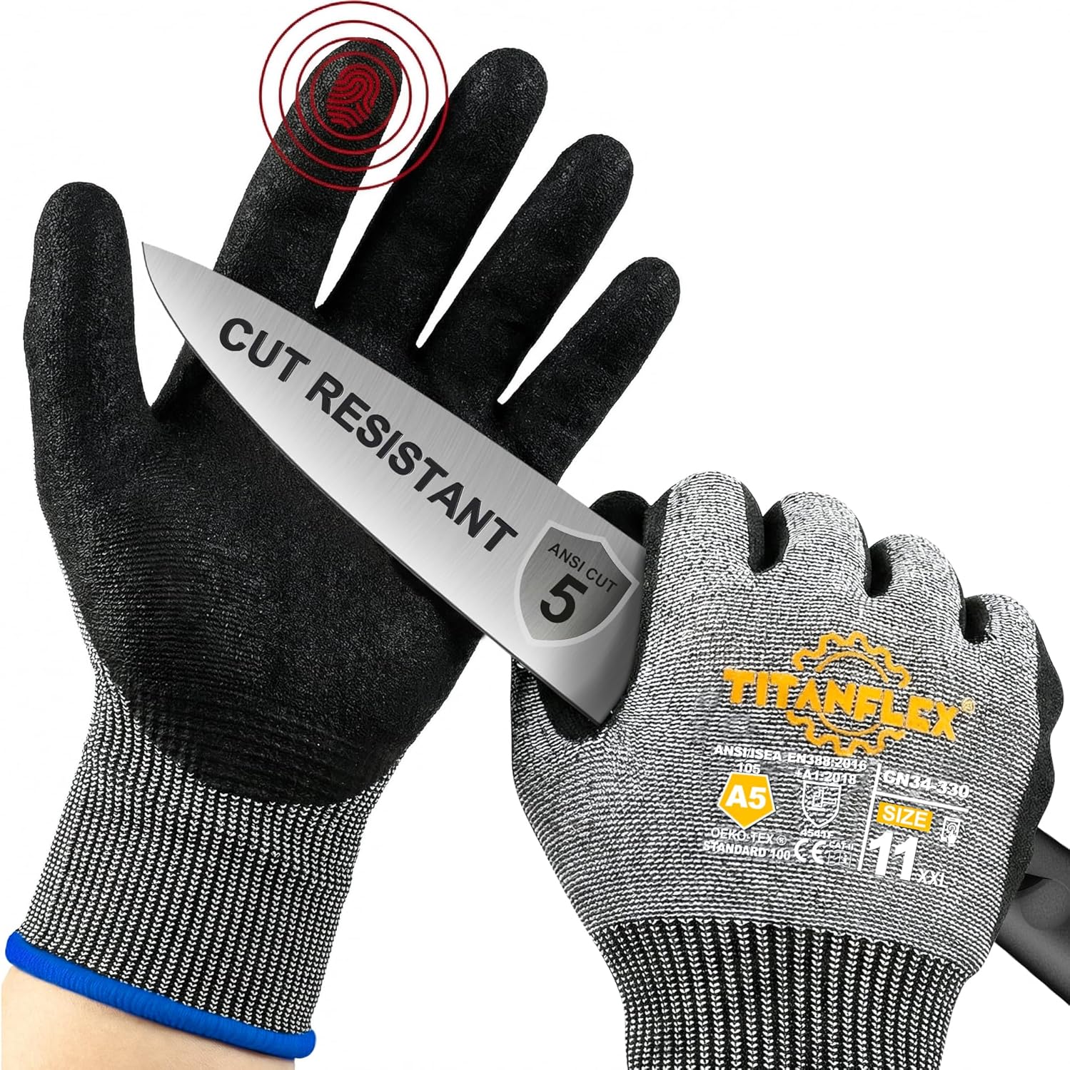 TitanFlex Cut Resistant Gloves ANSI A5, Work Gloves with Sandy Nitrile Grip,Grey