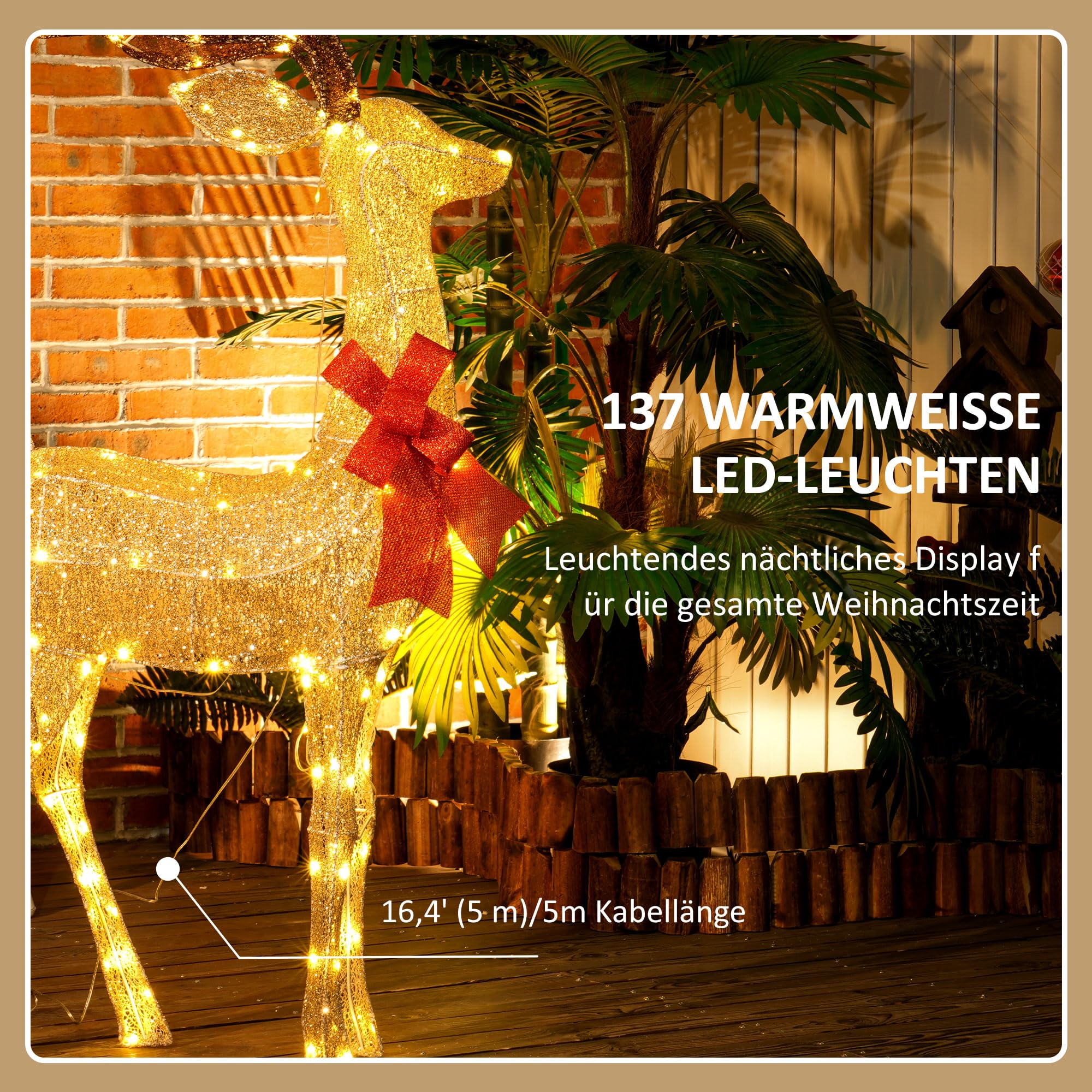 Outsunny LED Rentier Weihnachtsdeko 137 warmweißen LED Außen & Innen Gold | Weihnachtsbeleuchtung, Weihnachtsdekoration, Weihnachtsfigur