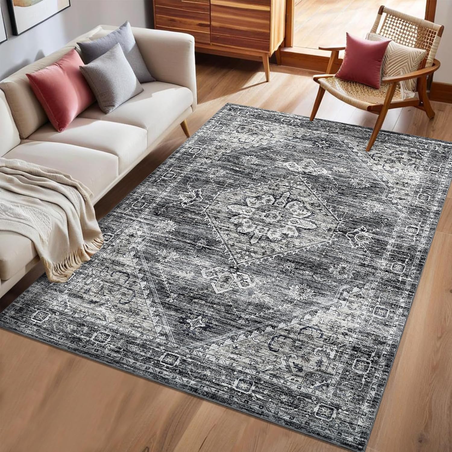 GarveeHome Washable Area Rug 9x12 - Vintage Floral Bedroom Living Room Large Indoor Rugs Soft Oriental Ultra Thin Foldable Carpet Mat Non Slip Dining Room Rugs for Farmhouse Office Home, Dark Grey