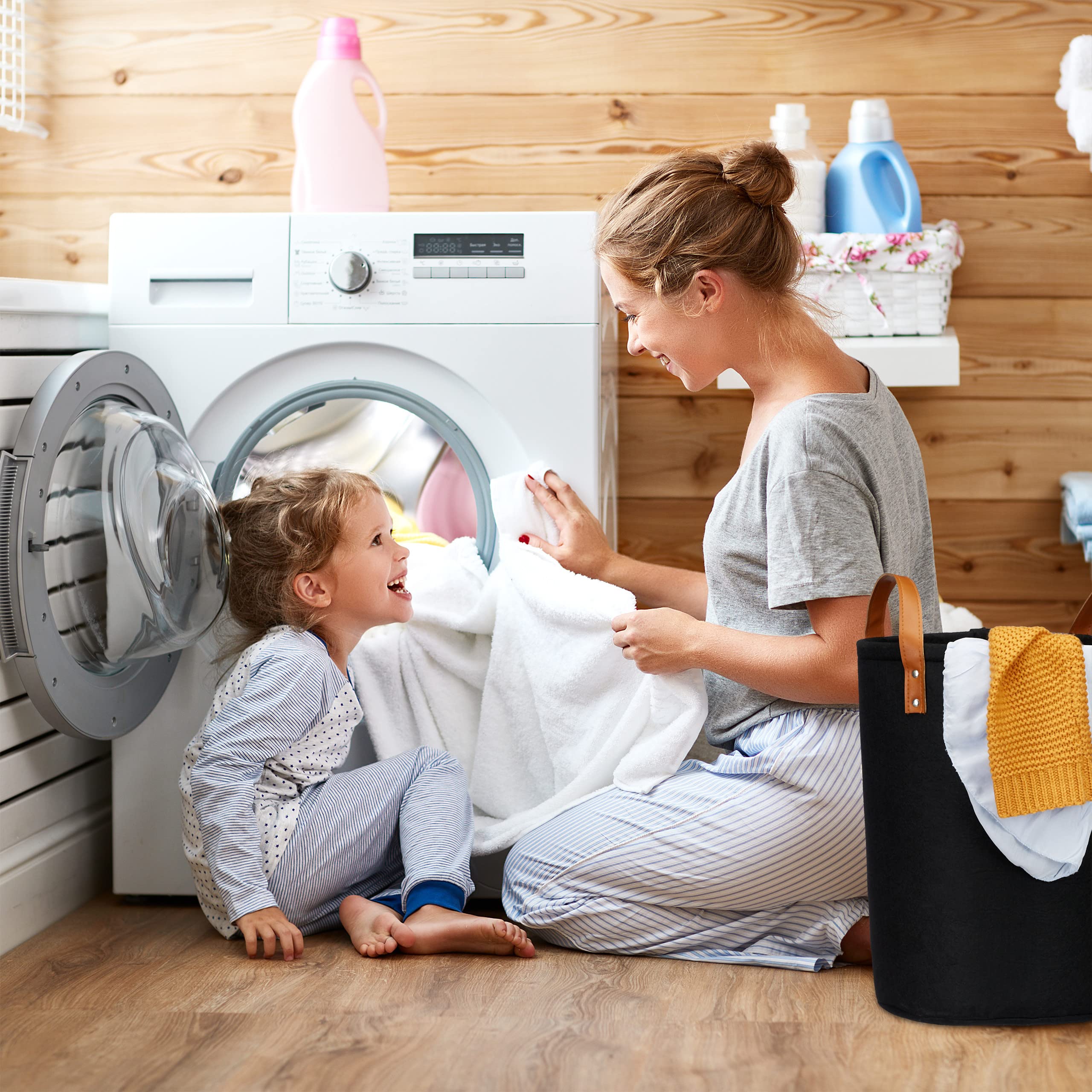 Relaxdays Felt Laundry Hamper, PU-Leather Handles, 28 L Storage Basket, Bathroom, HxD 45x30 cm, Black, 45 x 30 x 30 cm - Image 3