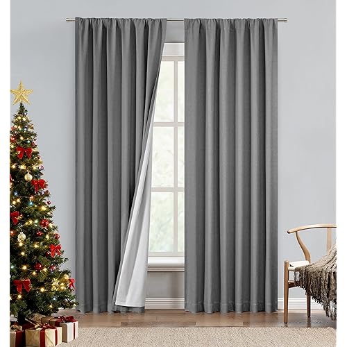 Central Park Backtab Full Blackout Curtain Panel Cotton Linen Blend Farmhouse Rustic Thermal Weave Energy Efficient Rod Pocket Window Treatment Drape 84 Inches Long for Bedroom, 50"x84"x2, Dark Grey