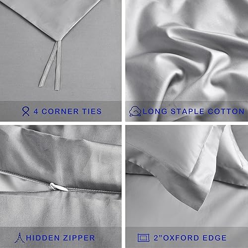 Miniatura 5 de ACCURATEX Juego de funda de edredón tamaño Queen, color gris, 400 hilos de algodón de fibra larga de tejido satinado, funda de edredón de percal de