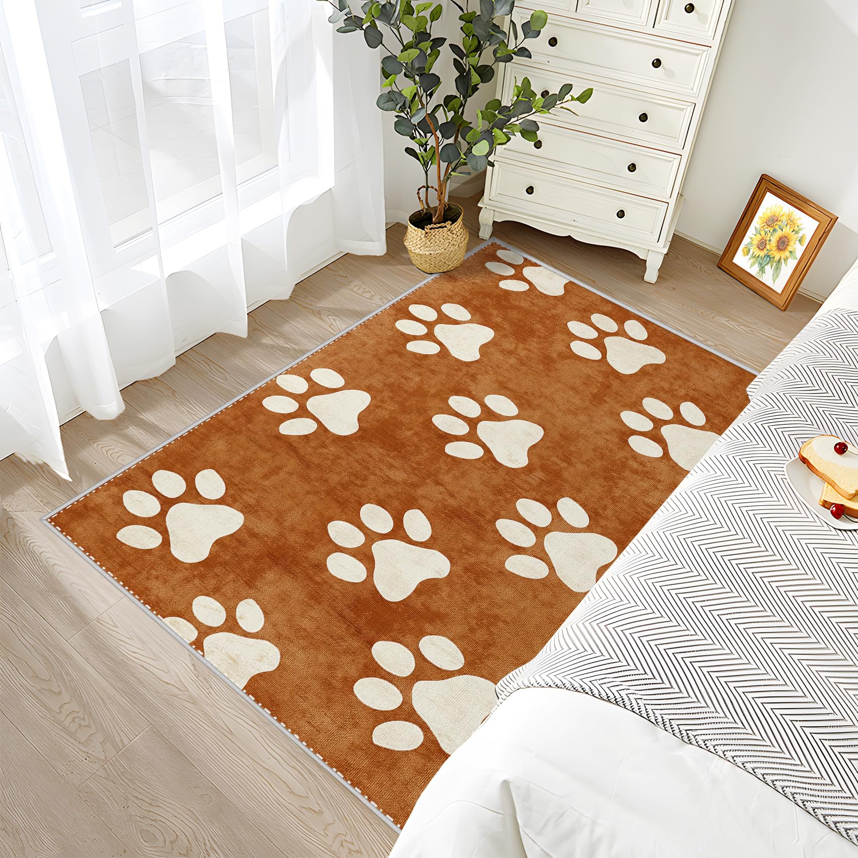 Hundepfoten Deko, Hunde Beige Braun Teppich 100x150 Kurzflor, Teppich Wohnzimmer Lustige Welpe, Weich rutschfest Waschbare Teppiche, Bettvorleger Schlafzimmer Kinderzimmer