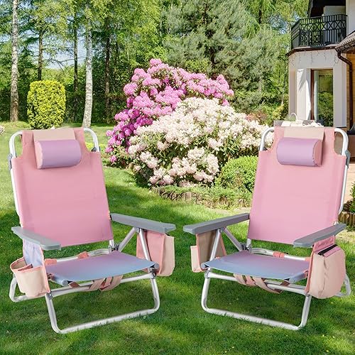 Miniatura 8 de Giantex Paquete de 2 sillas de playa plegables  Sillas de patio con 5 posiciones ajustables, almohada para la cabeza, bolsa de almacenamiento,
