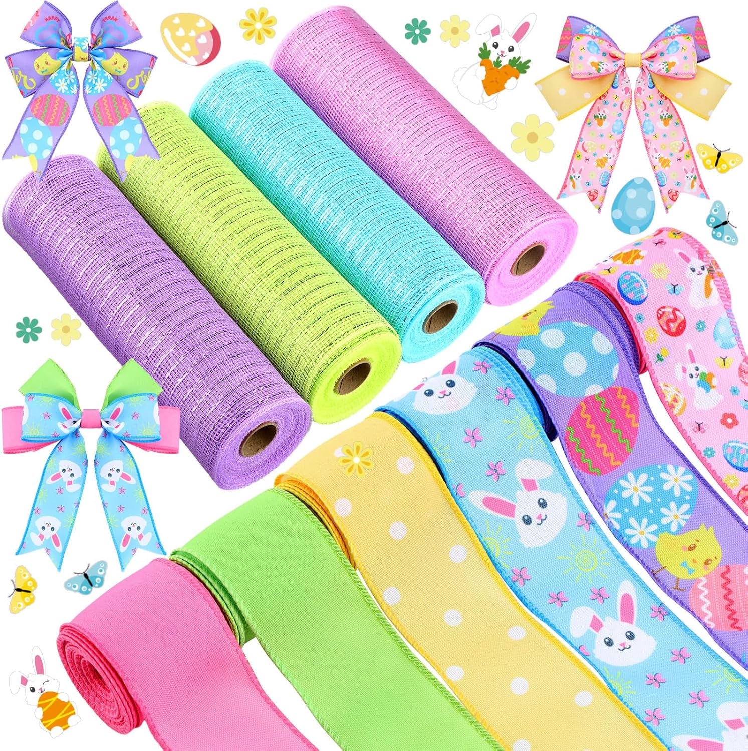 10 Pcs Christmas Ribbon 4 Rolls Mesh Ribbon and 6 Rolls Red and Green Burlap Wired Edge Wreath Metallic Wreath Wrapping Crafts for Winter Christmas Party Decorative Home DIY Craft