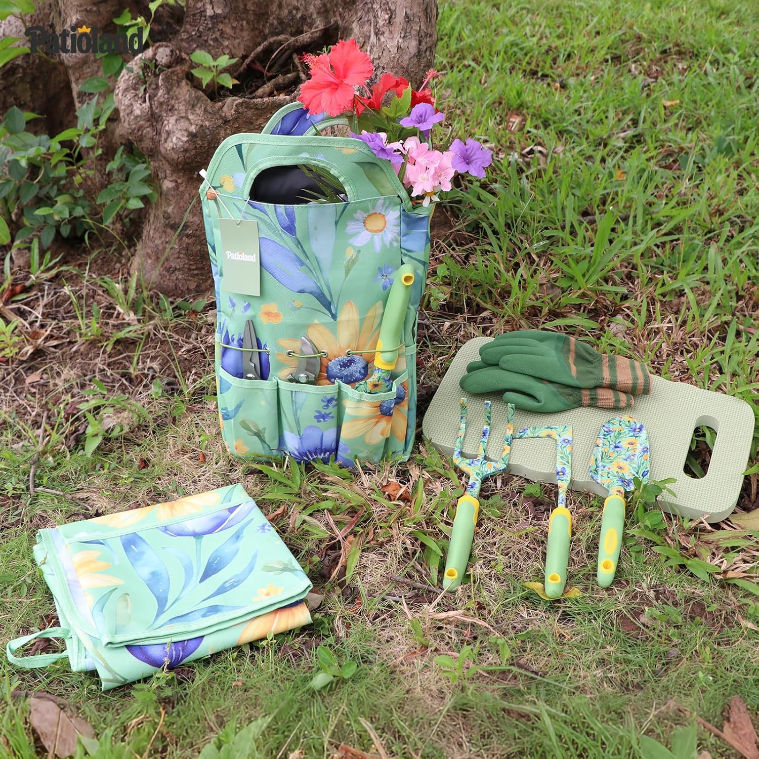 10-Piece Garden Tool Set – Green Floral Print Gardening Hand Tools with Non-Slip Handles, Heavy Duty Rust-Proof Aluminum Tools, Organizer Tote Bag, Ideal Gardening Gifts for Women & Grandma