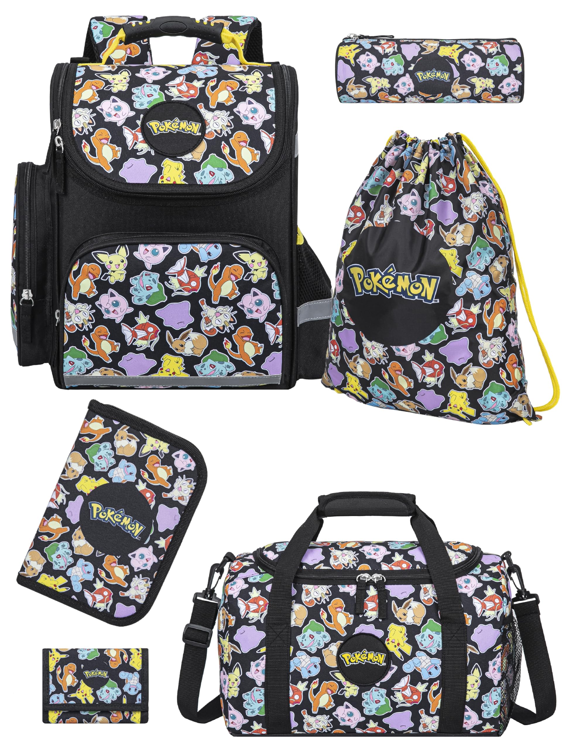 Familando - Schulranzen Set - 6-teilig mit Sporttasche - Pokémon (Pikachu Motiv) - Ergonomisch, stabil & mit gepolstertem Rücken - 1010g leicht - 18L Volumen - Mit Reflektoren - ab 1. Klasse